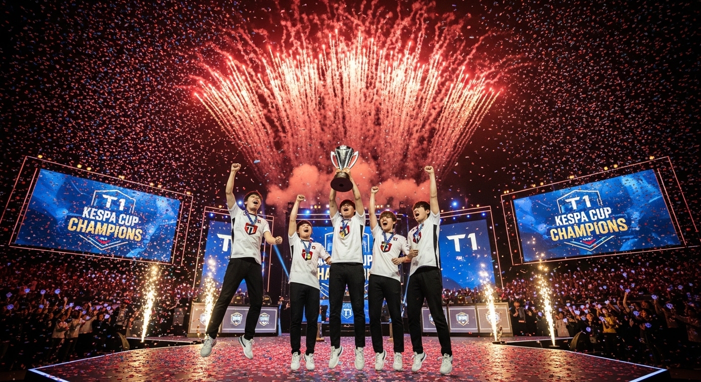 불꽃놀이와 종이 조각들로 축하받는 한국 e스포츠 팀 T1의 역사적인 케스파컵 우승 기념 장면