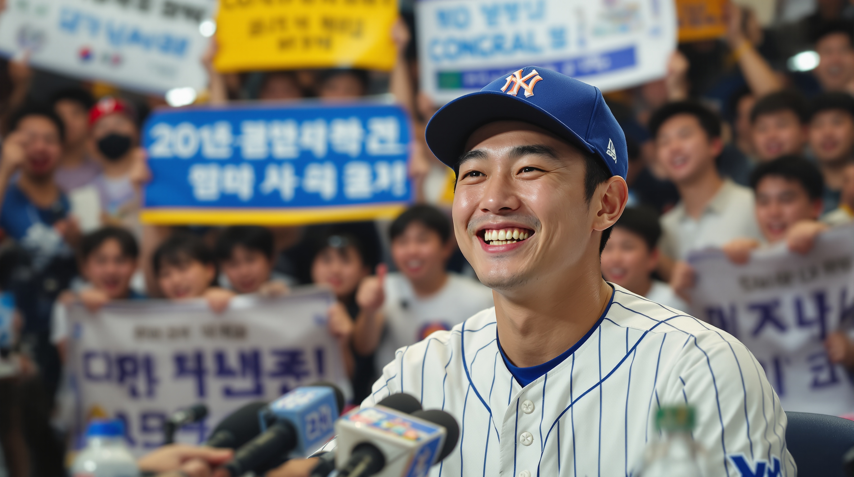 야구선수 홍창기가 기자회견에서 미소 짓는 모습과 팬들의 축하 배너
