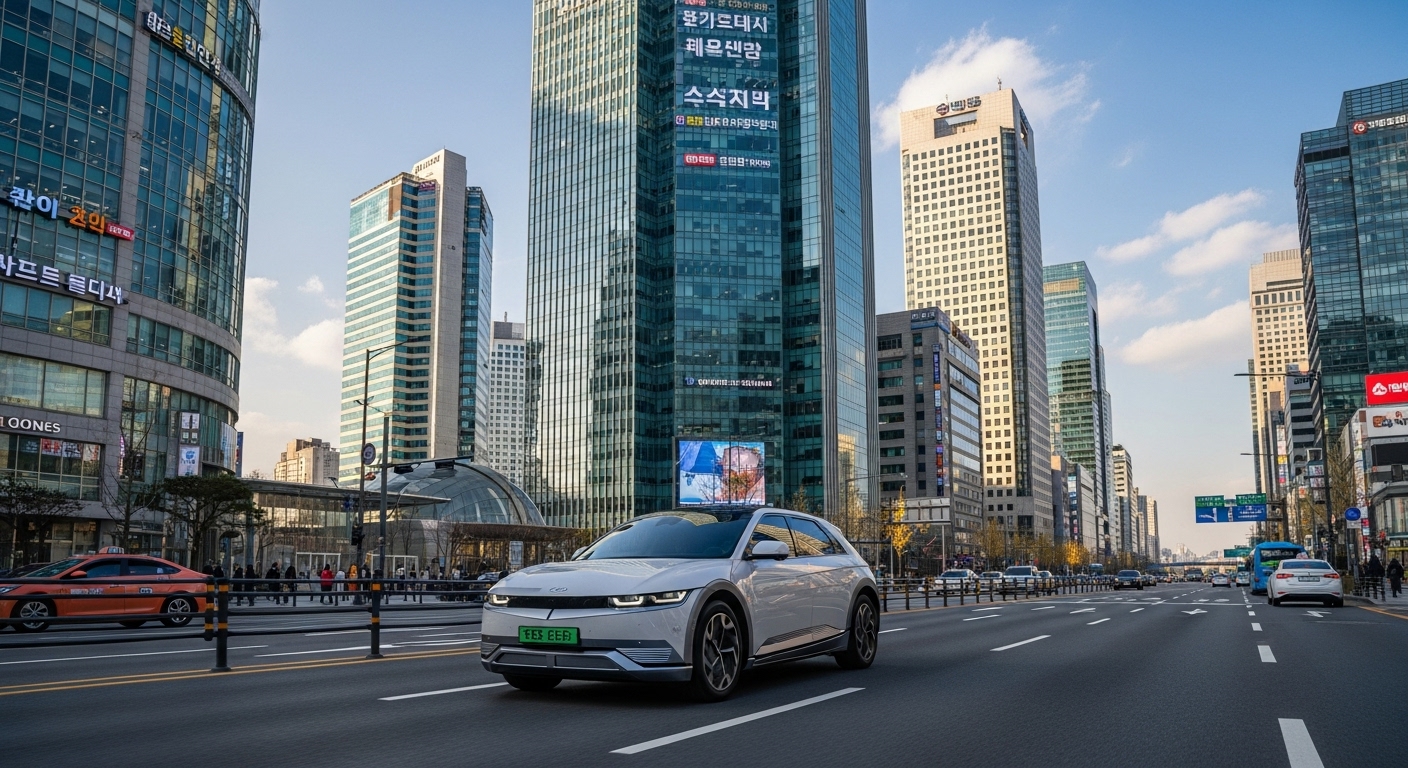 현대적인 도시 풍경과 도로 위의 세련된 전기 SUV
