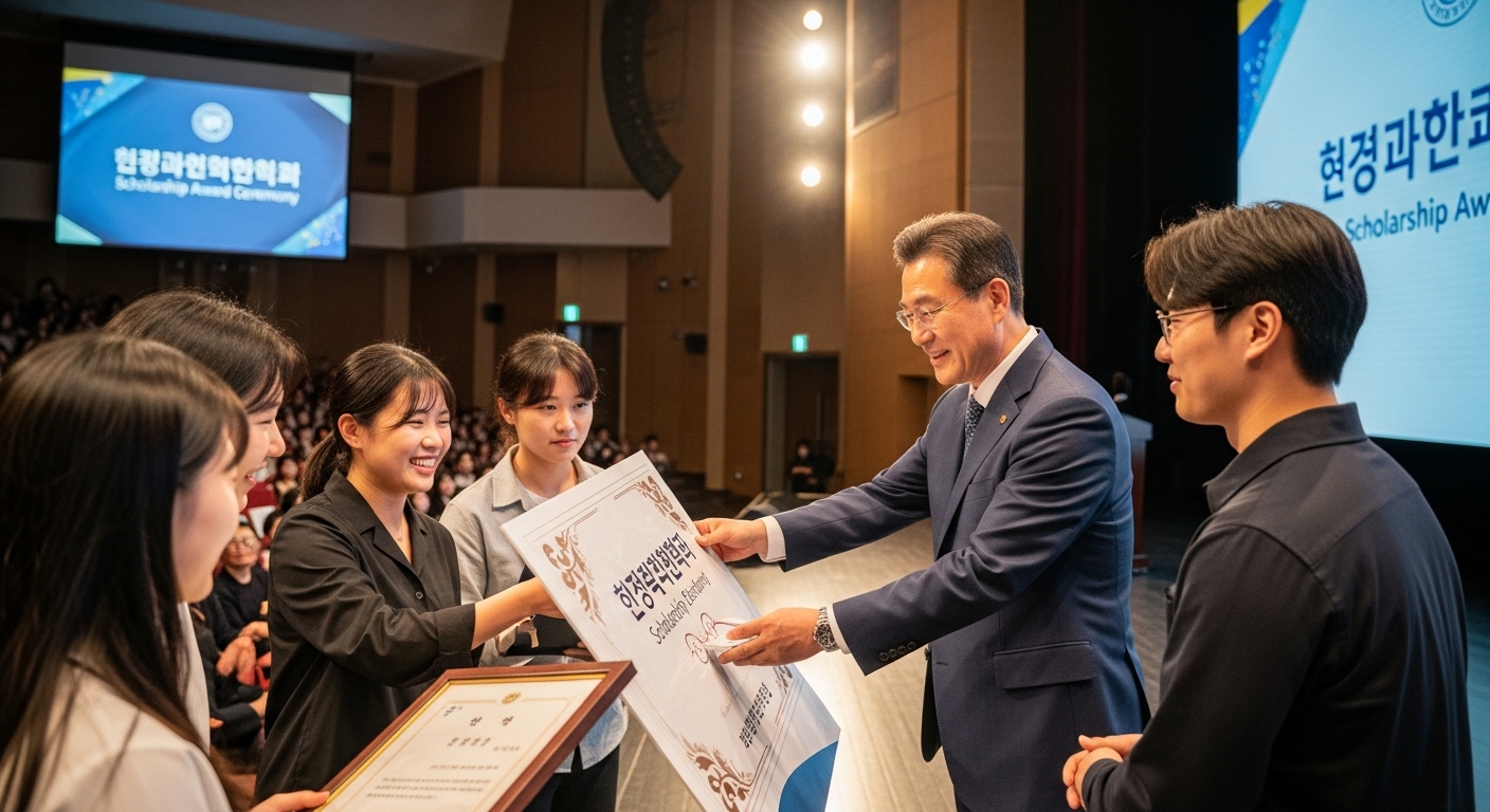 한국인 사업가가 대학교 강당에서 학생들에게 장학금을 수여하는 따뜻하고 감동적인 순간