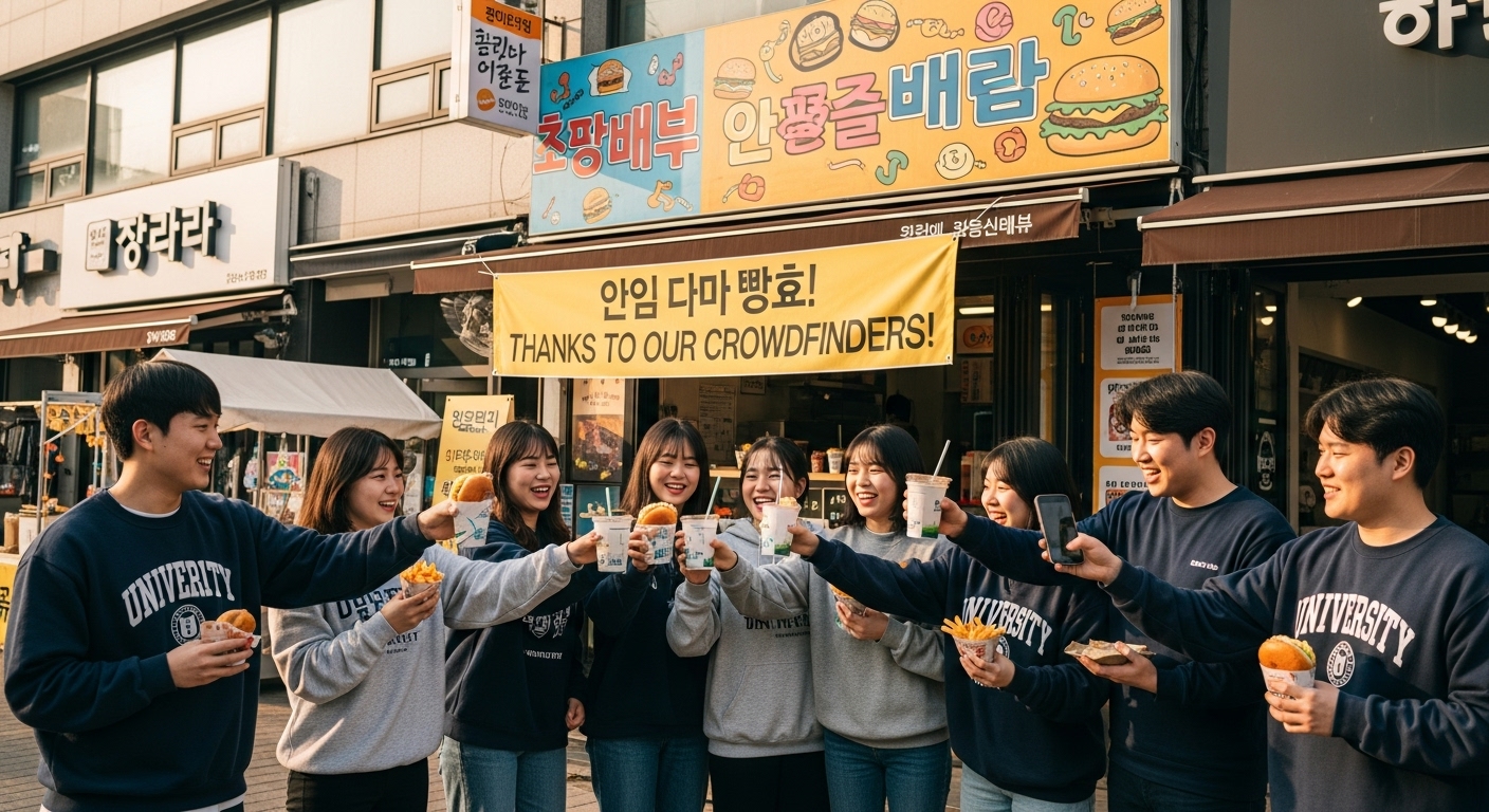 한국 대학생들이 크라우드펀딩 성공 후 사랑받는 햄버거 가게 재개장을 축하하는 모습