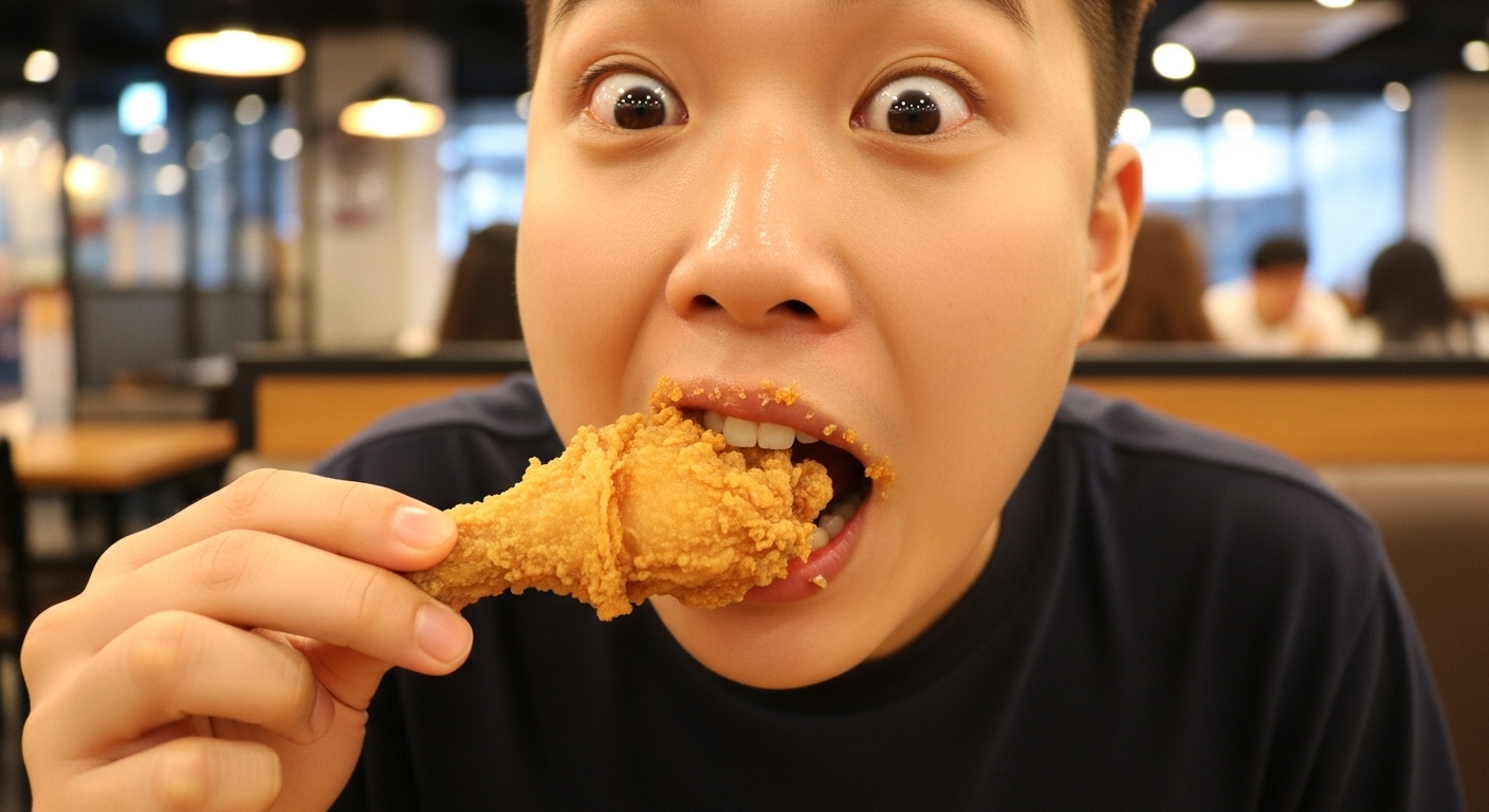 바삭한 치킨을 한 입 베어문 후 깜짝 놀란 사람의 모습