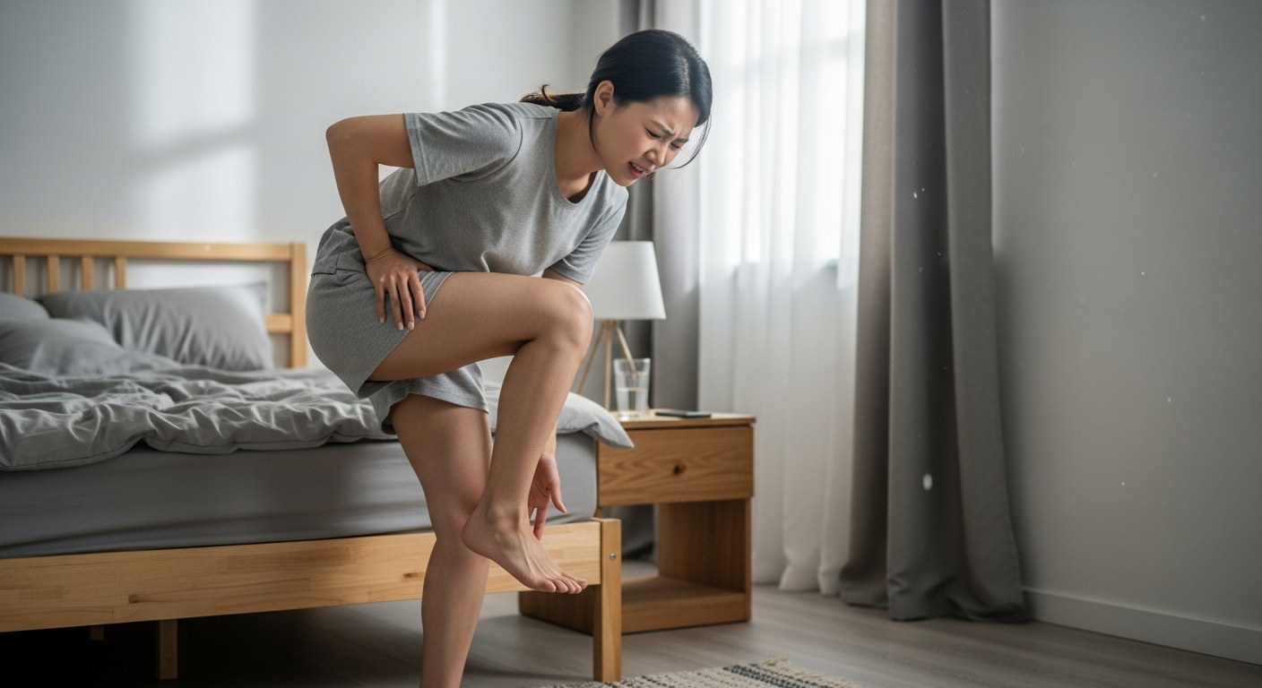 아침에 침대에서 일어나 첫걸음을 내디딜 때 발뒤꿈치에 통증을 느끼는 여성