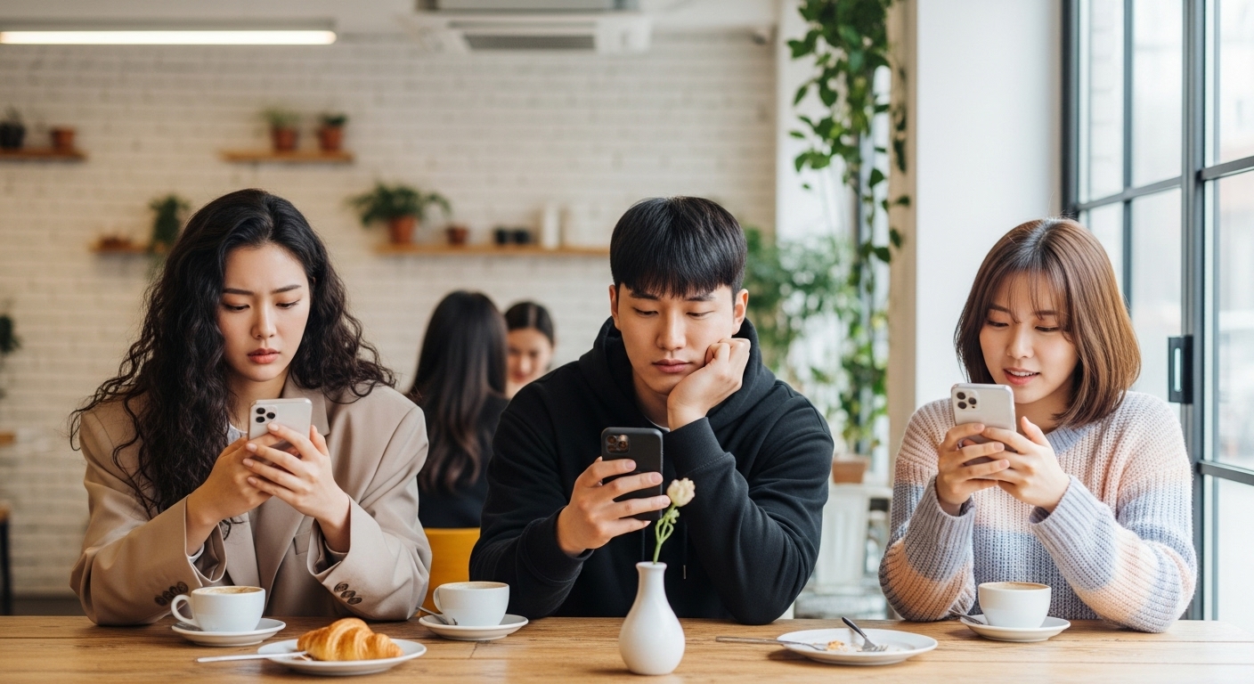 젊은 한국인들이 카페에서 스마트폰으로 데이팅 앱을 사용하는 모습