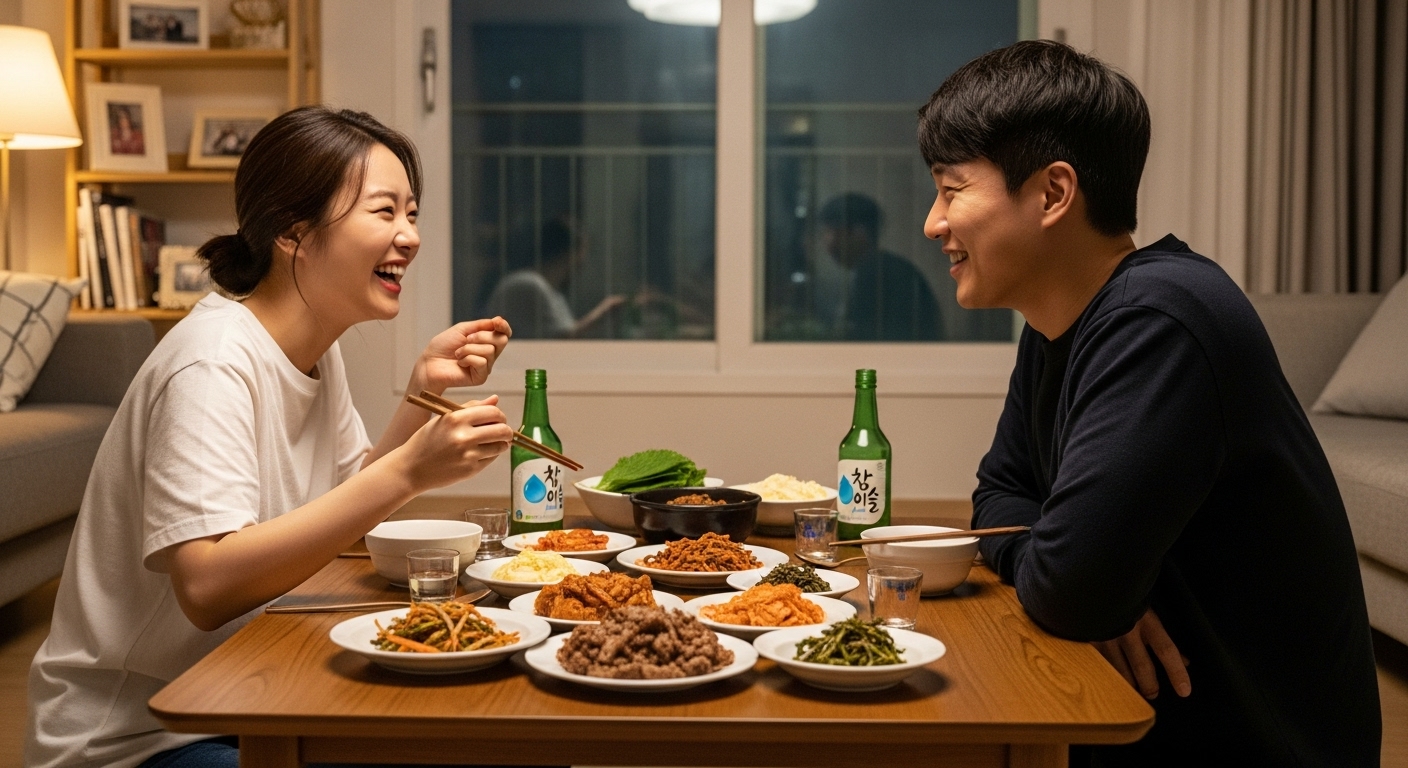 집에서 식사를 즐기는 두 명의 친구가 친근한 분위기를 공유하는 장면