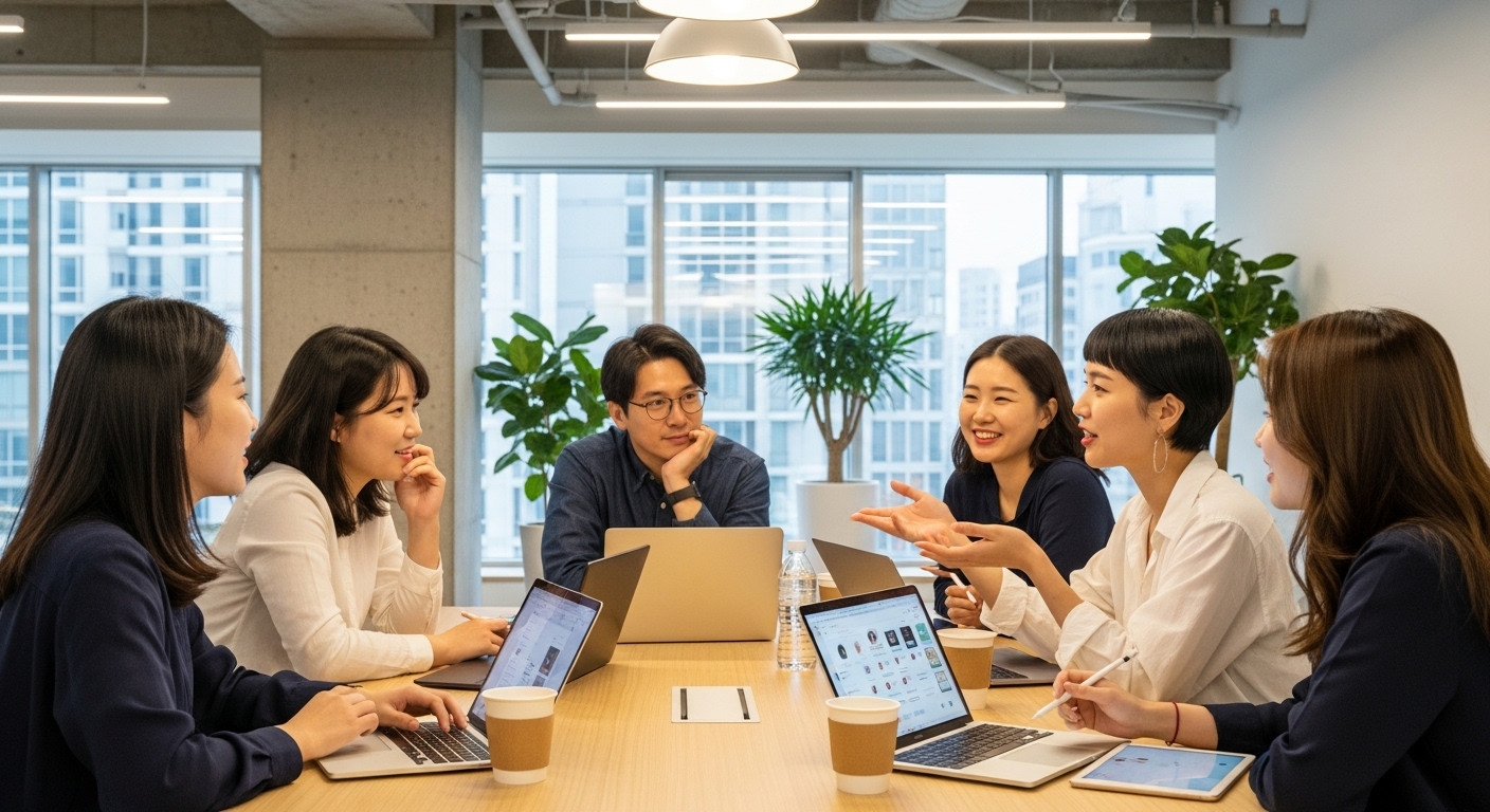 현대적인 사무실에서 데이팅 앱 문화를 토론하는 밀레니얼 및 Z세대 그룹