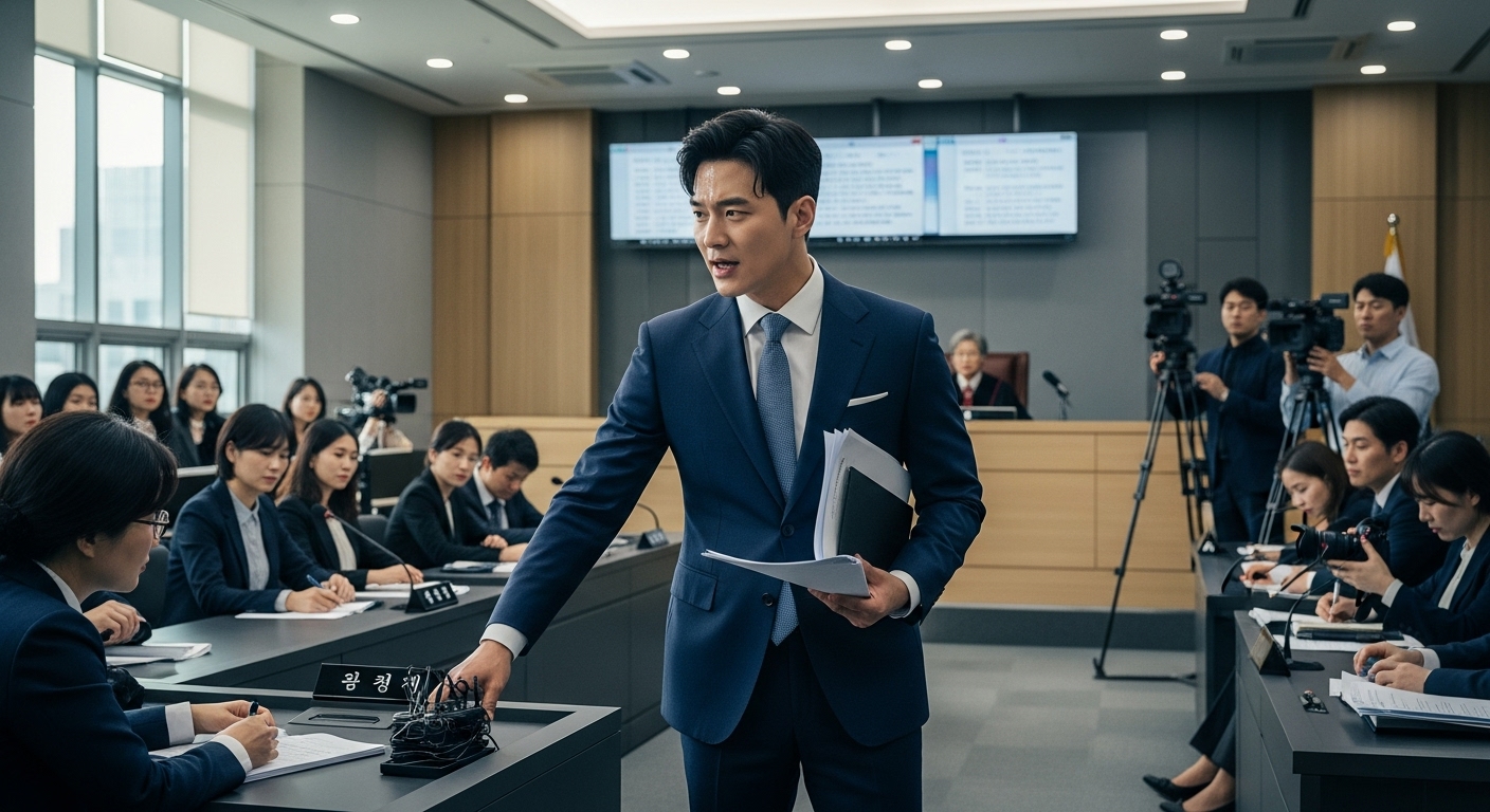 법정에서 열정적으로 변론하는 현대적 한국 남성의 모습
