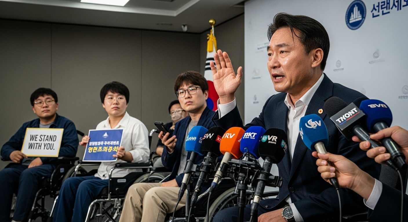 기자회견 중 공감을 강조하며 휠체어 체험을 제안하는 변호사