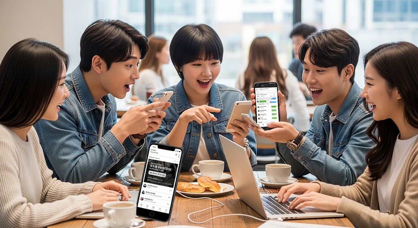 스마트폰과 노트북으로 SNS에서 활발히 토론하는 젊은이들