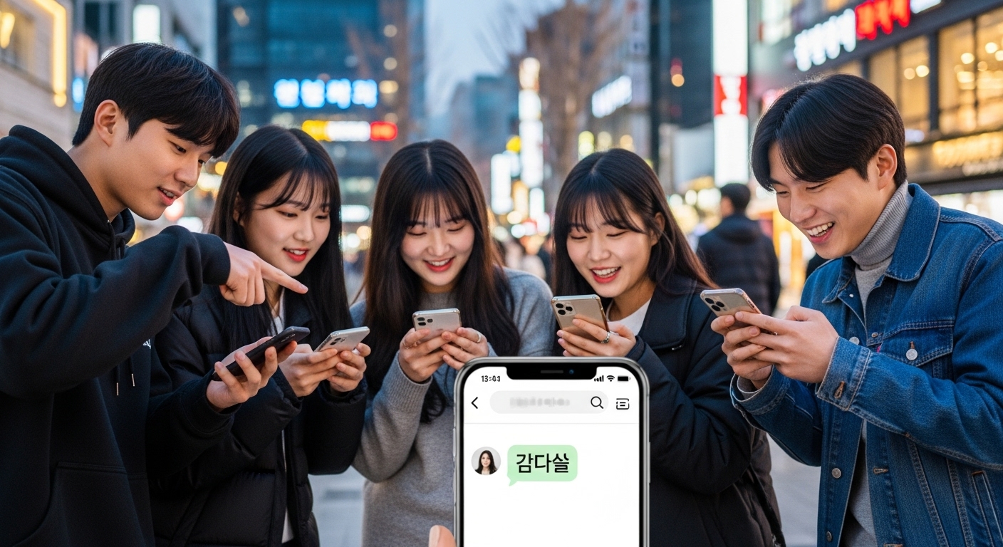 한국 젊은이들이 휴대폰을 사용하여 소셜 미디어와 온라인 플랫폼에서 신조어를 공유하는 모습