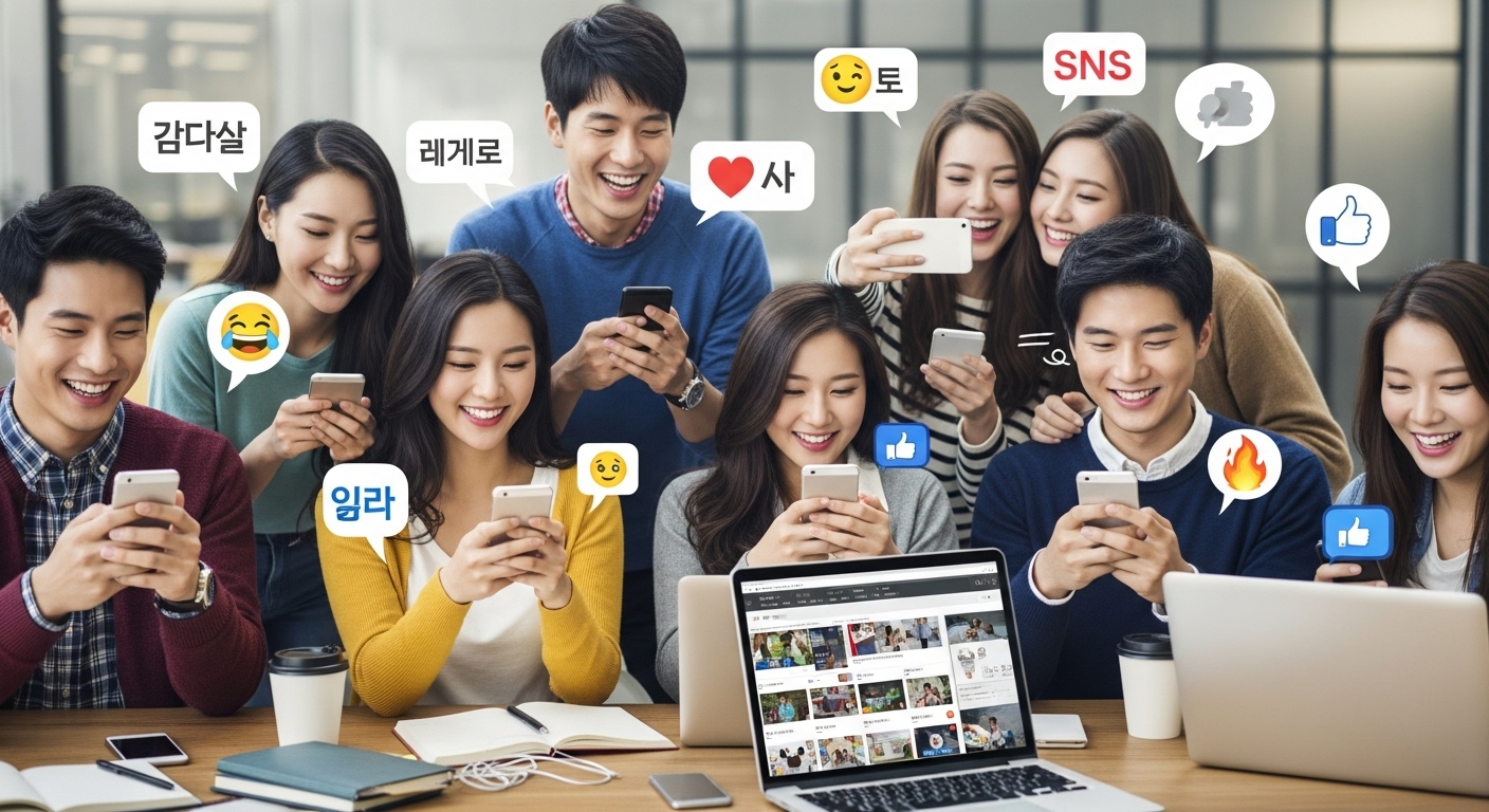 다양한 디지털 플랫폼에서 트렌디한 표현으로 소통하는 젊은이들의 모습