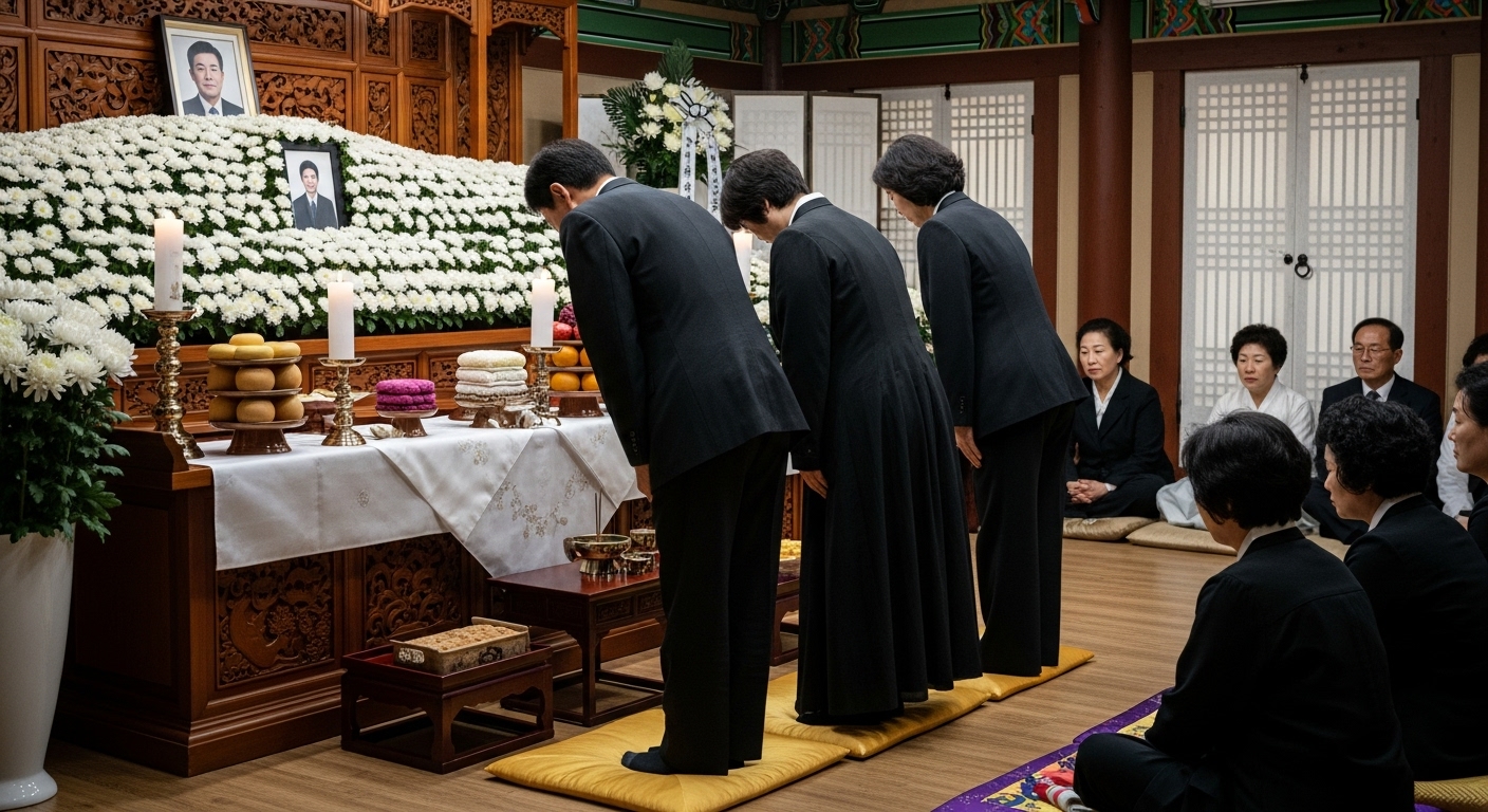 현대 한국의 장례식장에서 정중한 복장을 한 사람들이 모여 있는 모습