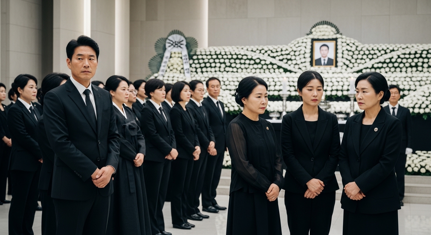 한국 장례식장에서 검은색 정장을 입고 조문하는 사람들의 모습