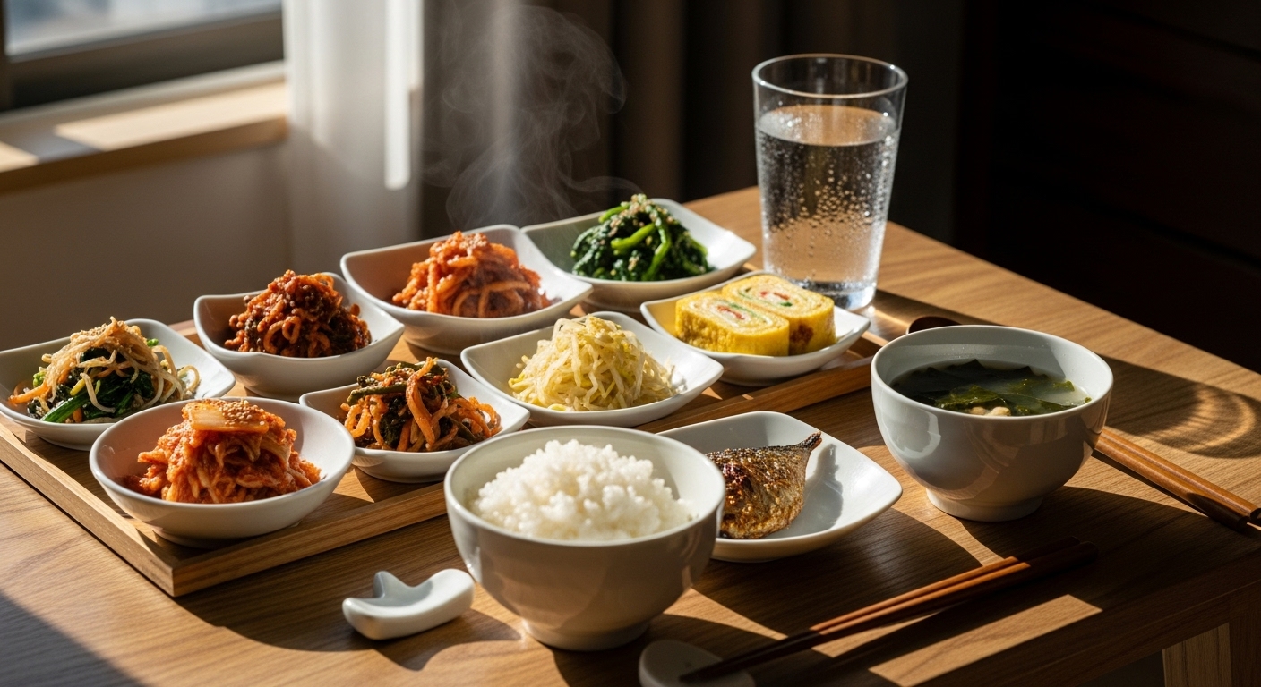 아침 햇살이 비치는 창가 옆 건강한 음식이 가득한 한국식 아침 식탁