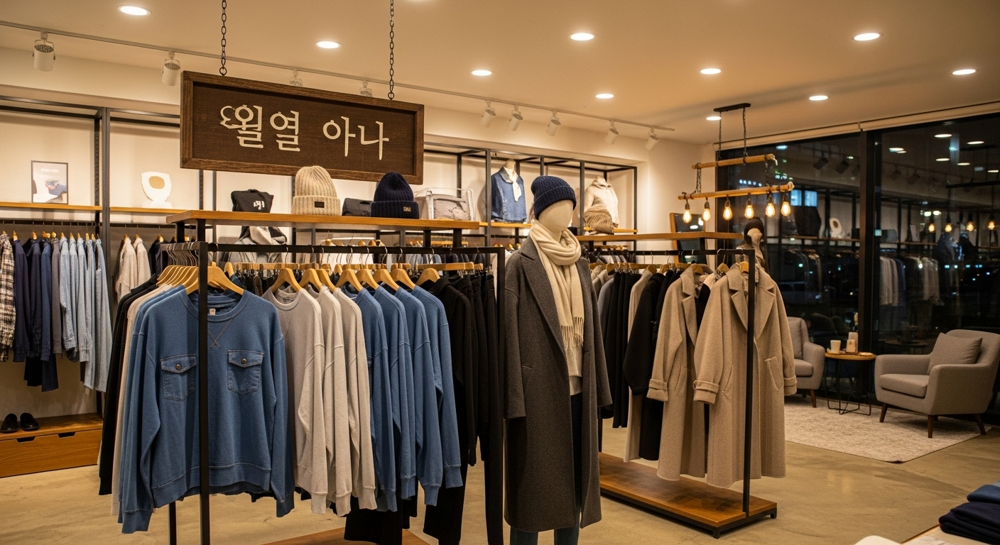 트렌디한 한국 의류 매장 내부에 할인된 데님 스웨트셔츠와 울 코트를 진열한 모습