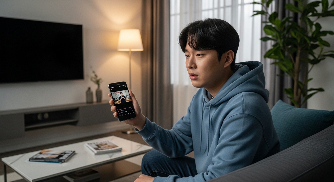 젊은 남성이 집에서 갤럭시 스마트폰으로 유튜브를 시청하며 어두운 화면을 보고 있는 모습