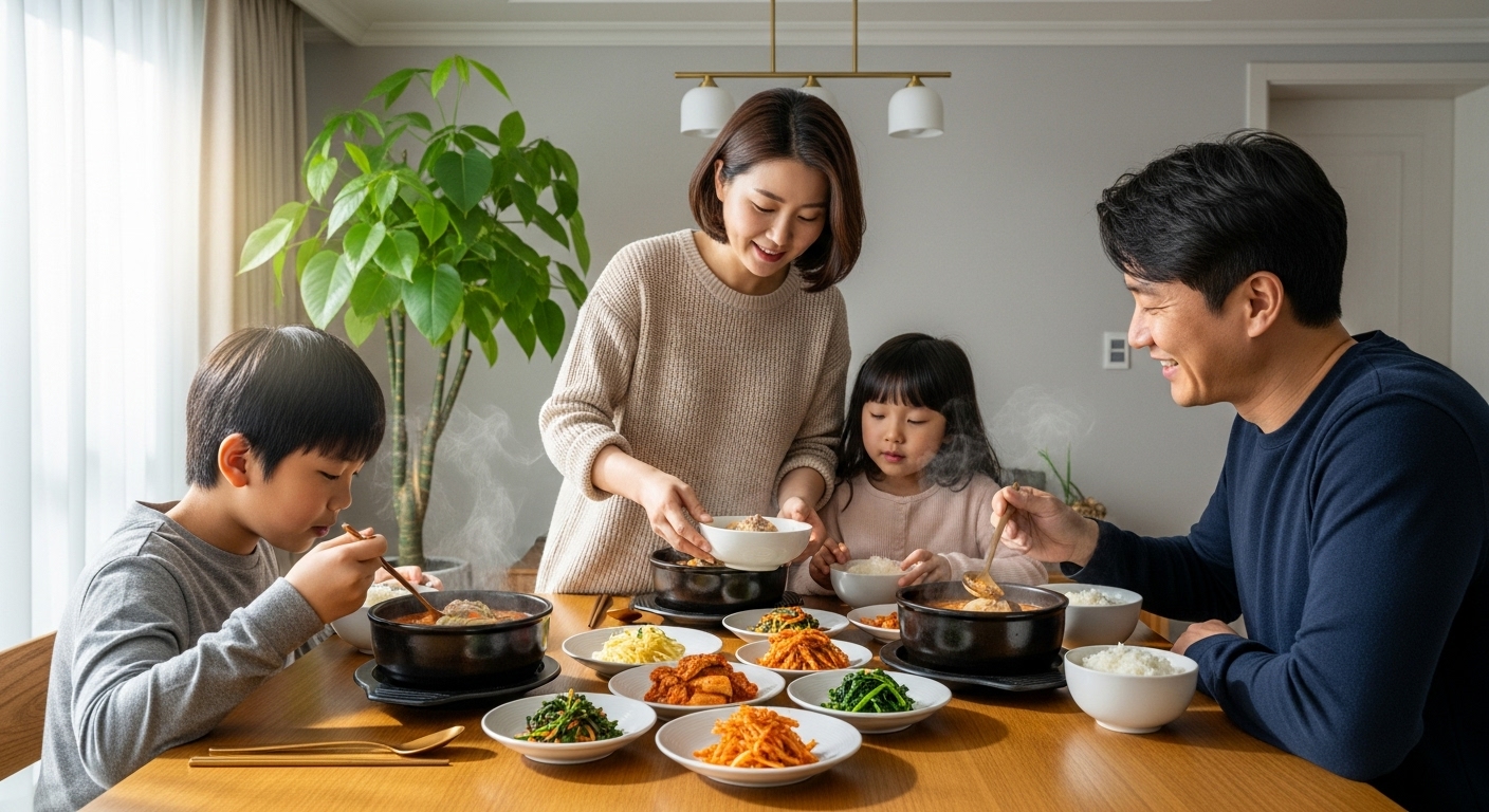 가족들이 집에서 밥과 함께 즐기는 따뜻한 소고기무국 식사 모습
