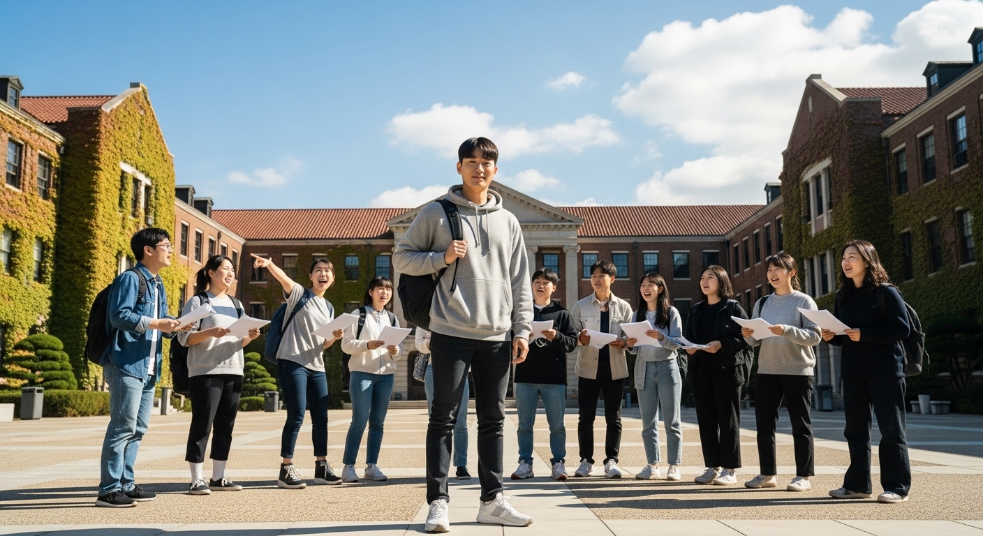 대학교 캠퍼스에서 연극영화과 학생들과 함께 있는 젊은 남성