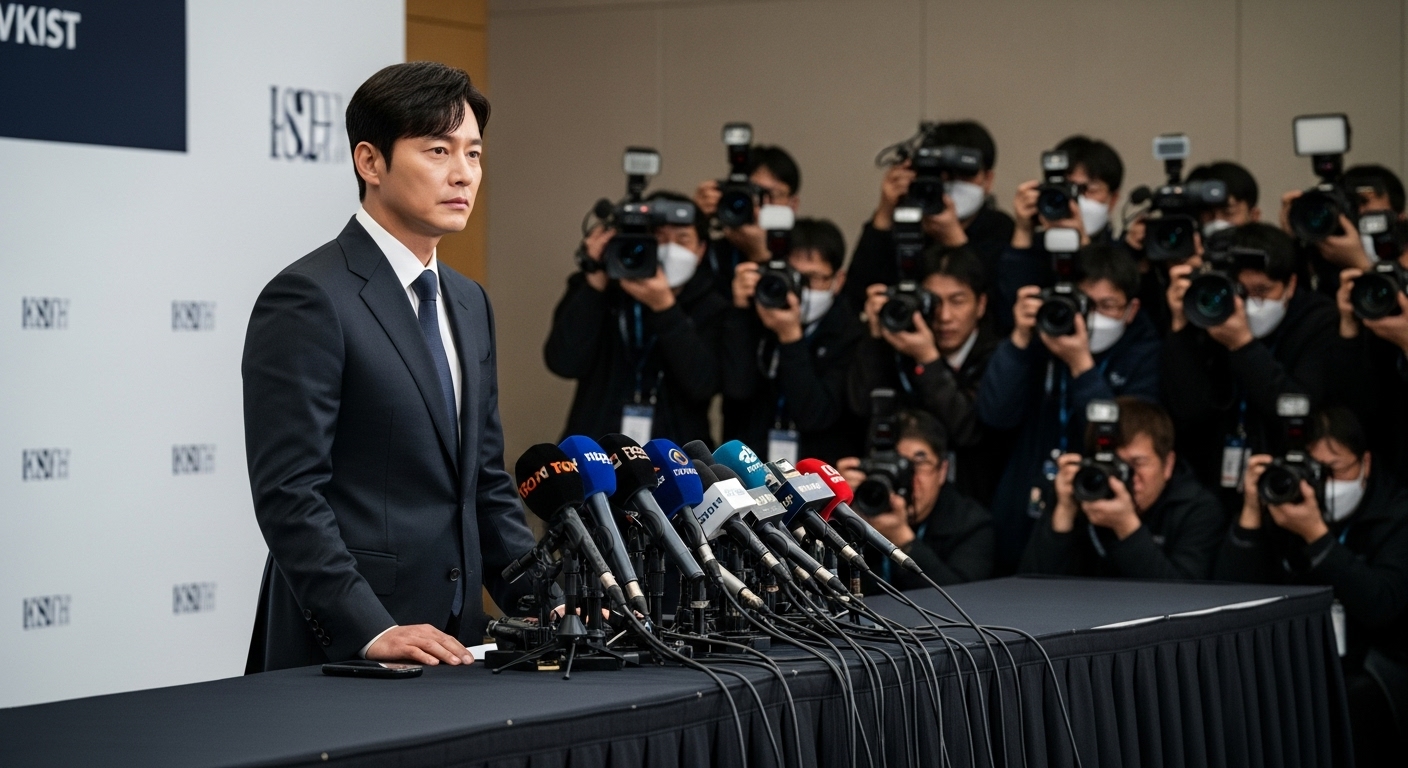 기자회견장에서 심각한 표정으로 마이크와 카메라 앞에 서 있는 배우