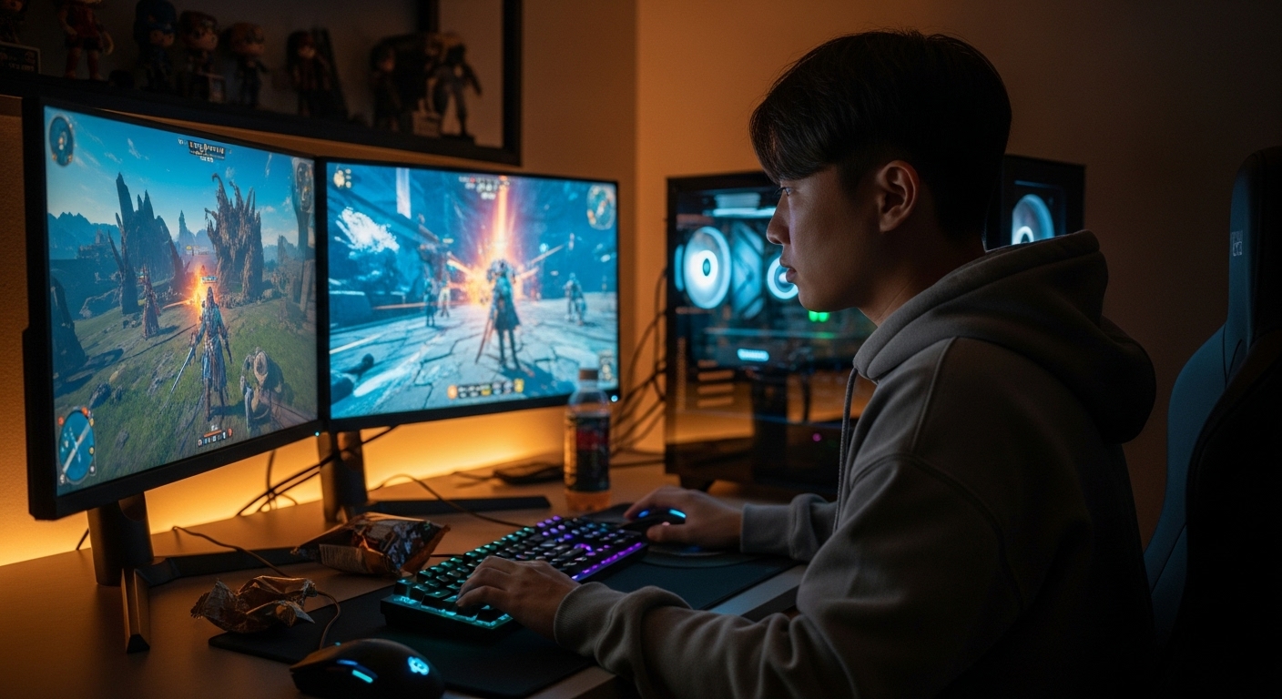 최신 고사양 게임 PC로 무협 오픈월드 RPG를 즐기는 게이머의 몰입된 모습