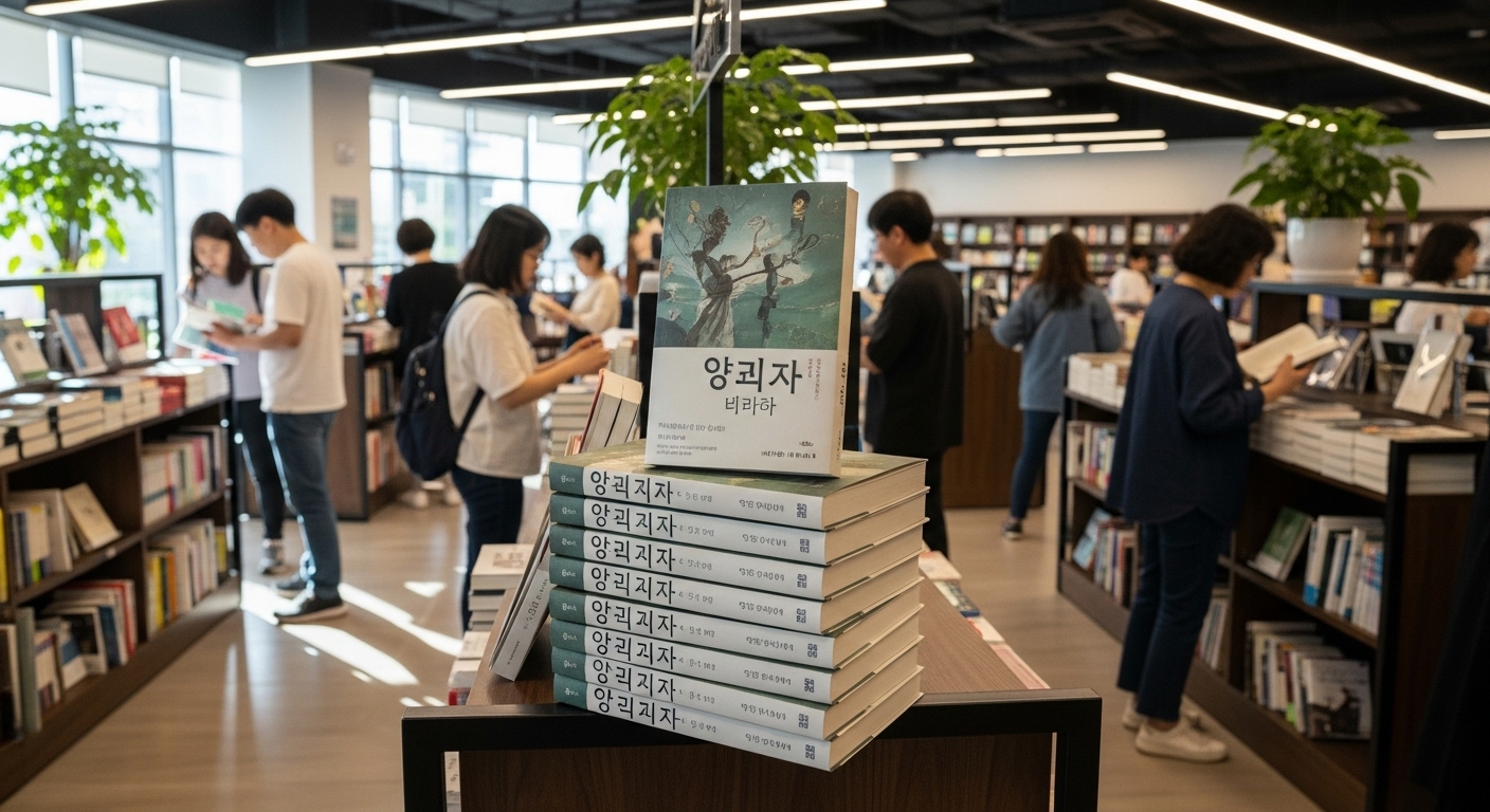 현대 한국 서점에서 고객들이 책을 살펴보는 모습과 함께 진열된 양귀자의 '모순' 책 더미