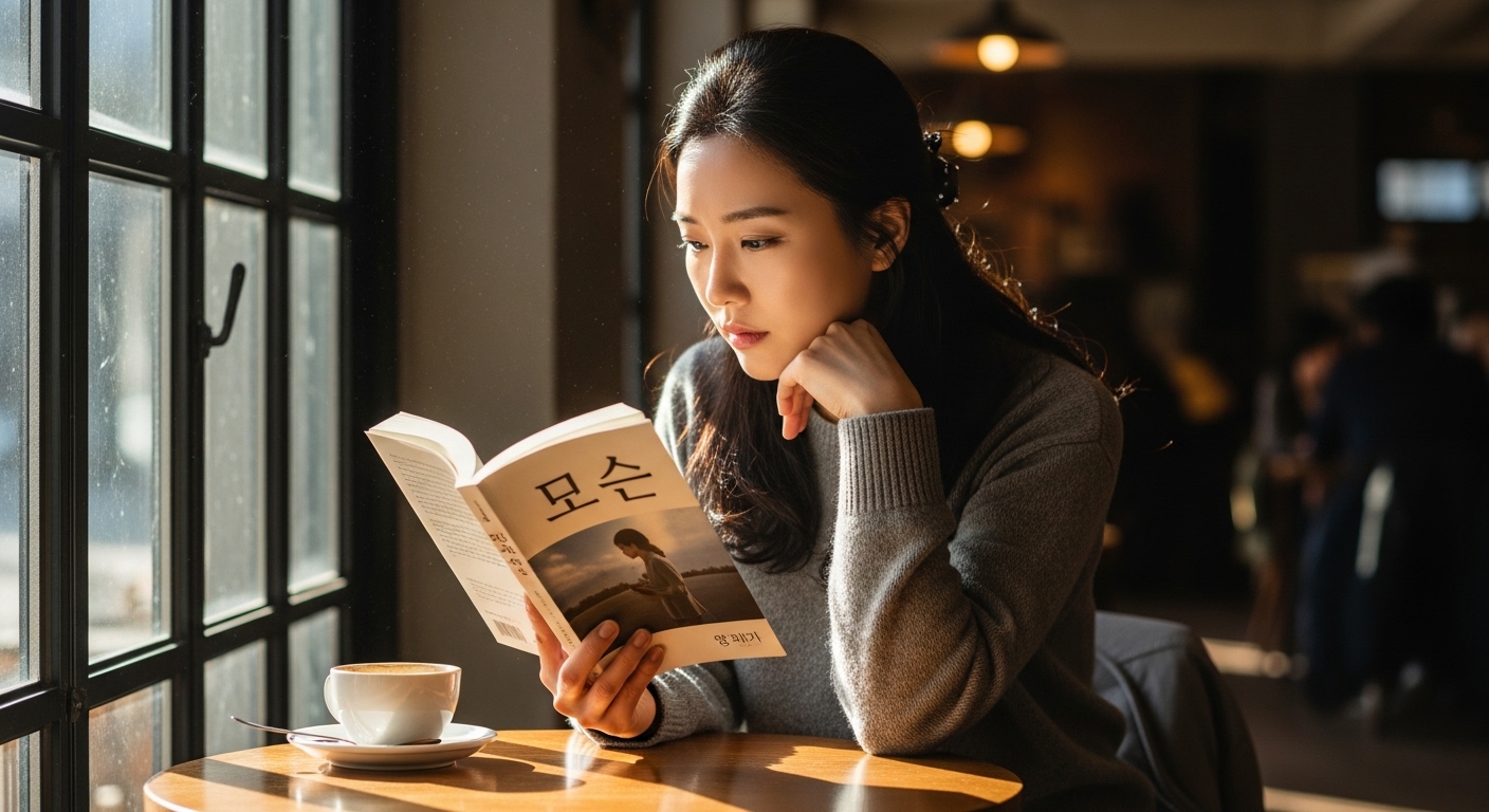 큰 창문으로 햇살이 들어오는 아늑한 카페에서 '모순'을 읽으며 생각에 잠긴 여성