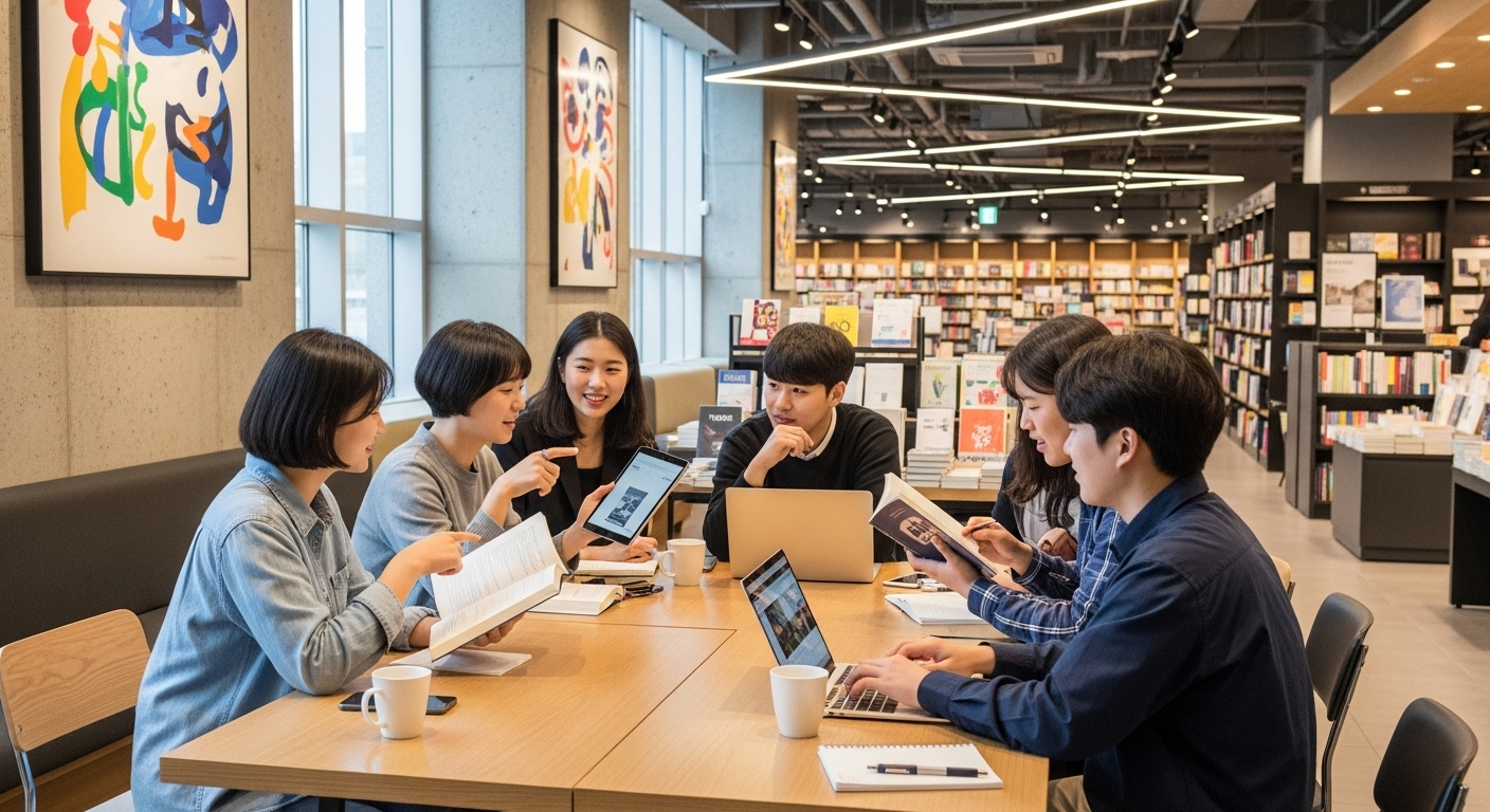 현대적인 서점 커뮤니티 공간에서 디지털 기기를 사용하며 책에 대해 토론하는 젊은이들