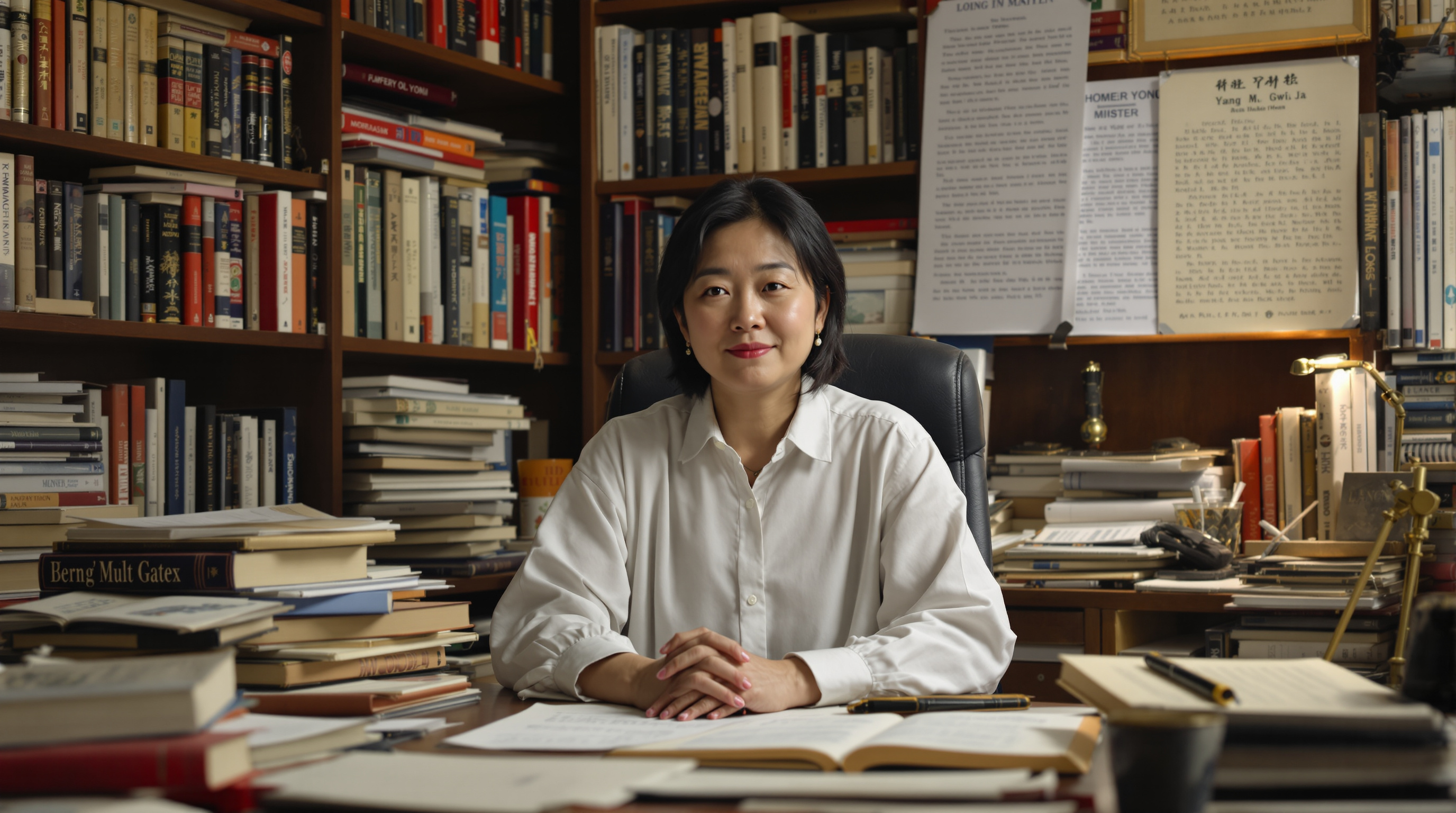 책과 원고로 가득한 작업실에서 사색적인 자세를 취하고 있는 양귀자 작가의 초상화