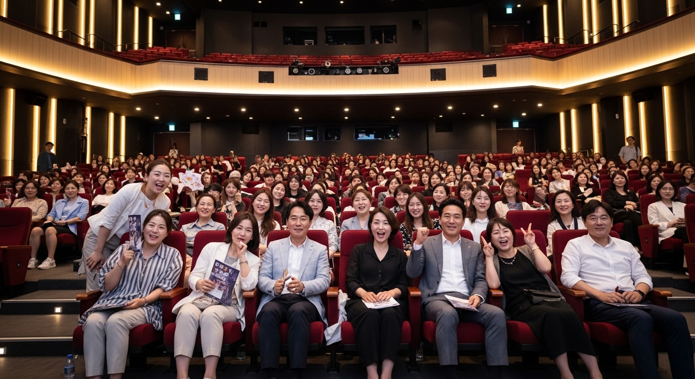 현대식 공연장에서 다양한 관객들이 뮤지컬 초연을 기다리는 모습