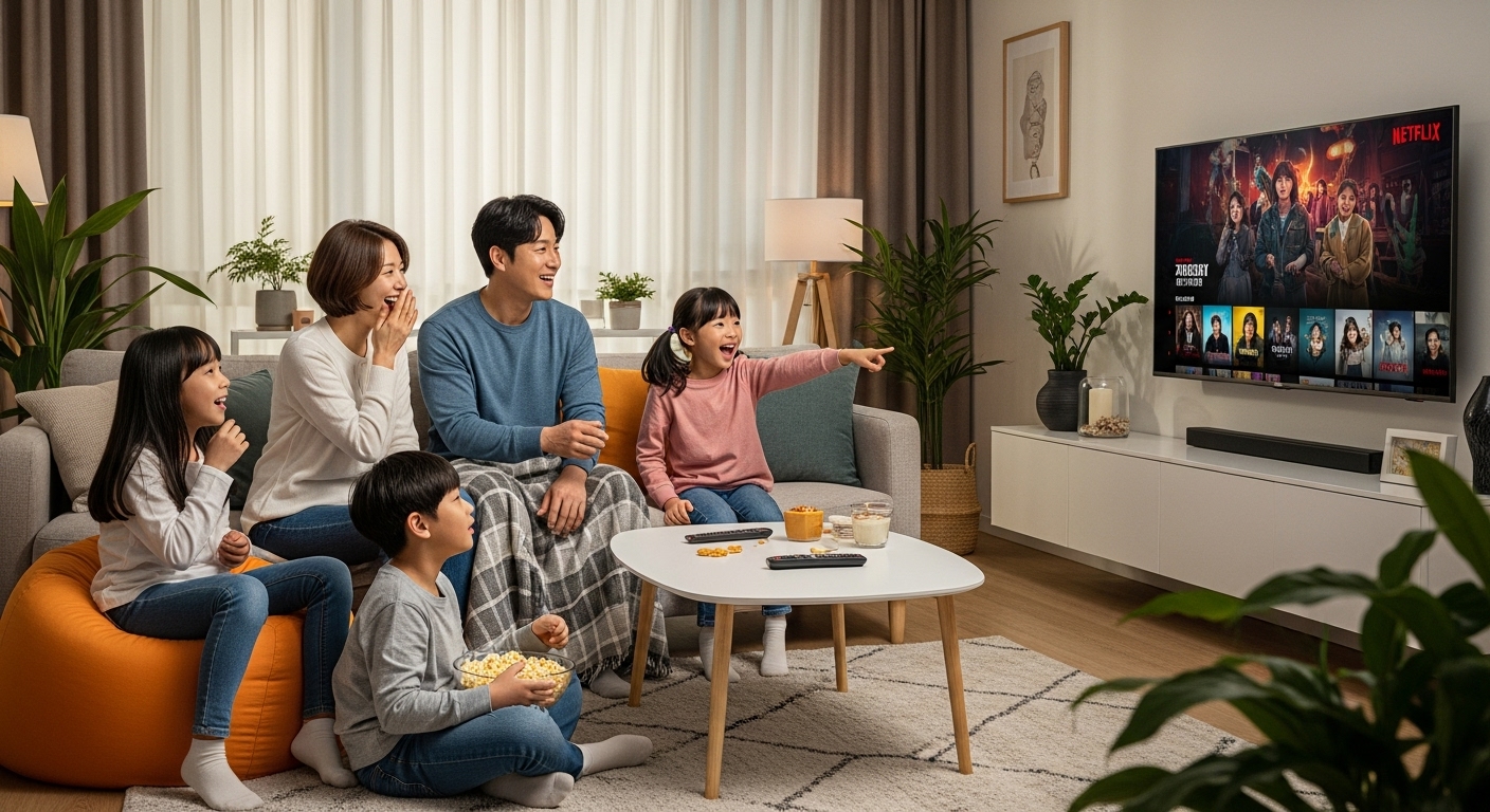 가족들이 거실에서 넷플릭스를 시청하며 즐거워하는 모습