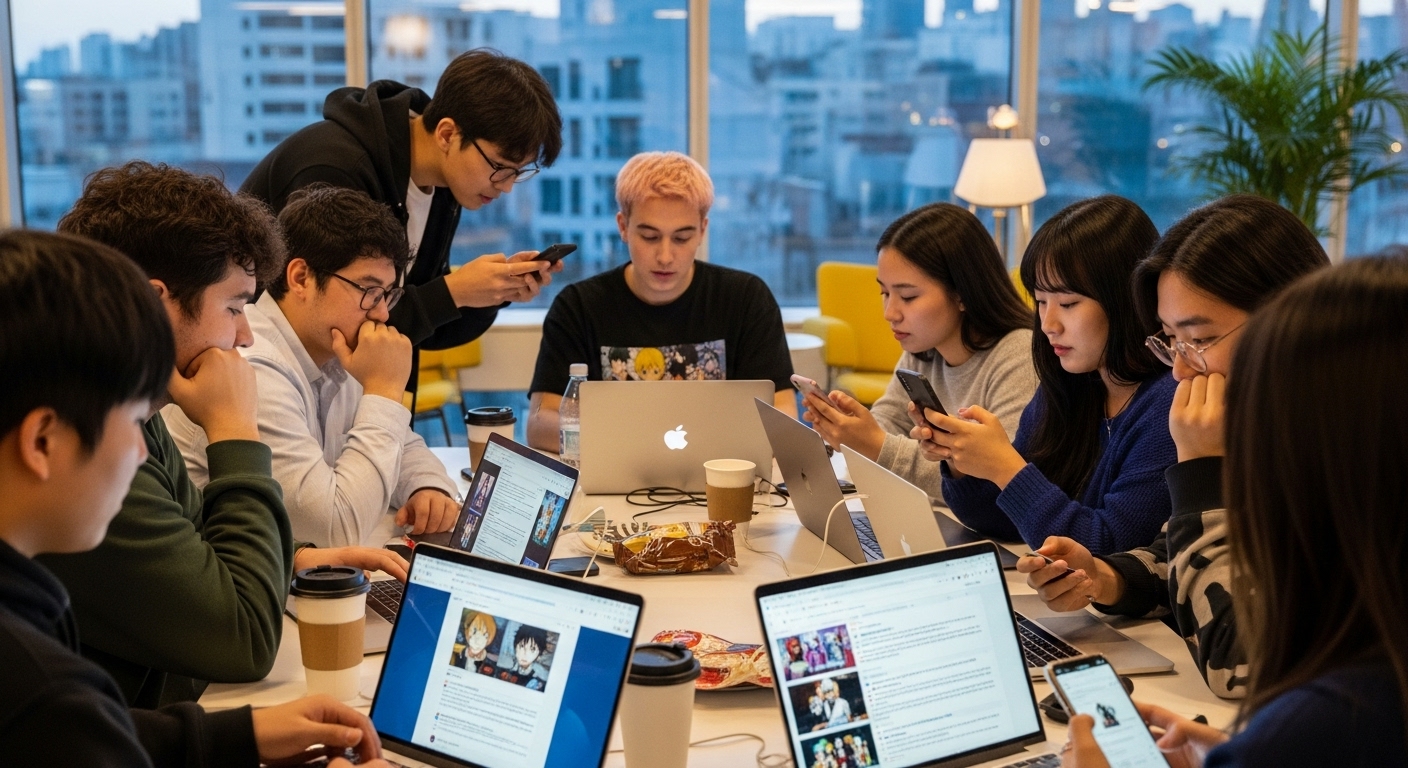 젊은 사람들이 온라인 포럼에서 애니메이션 시리즈에 대해 토론하는 모습