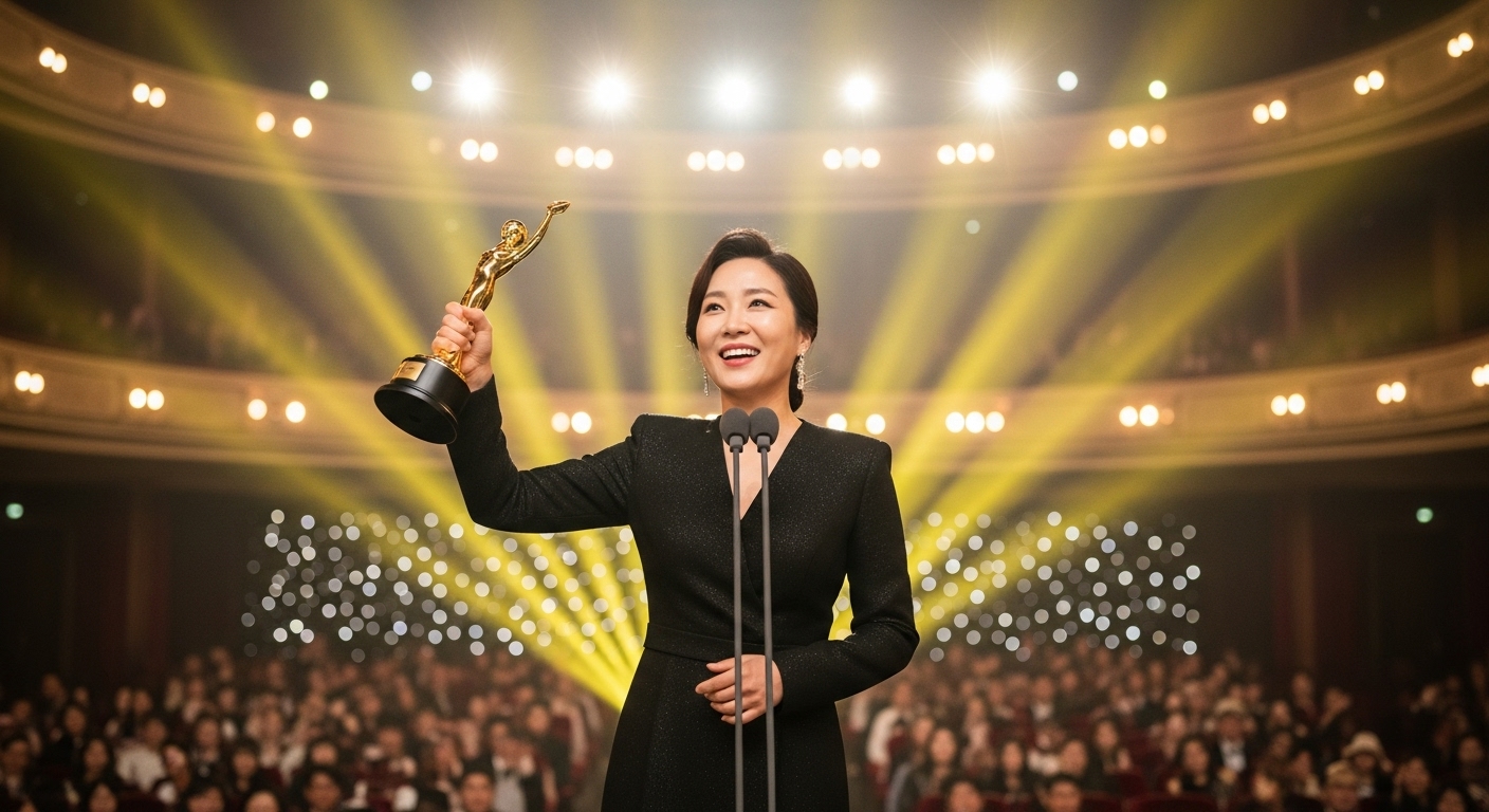 공식 행사에서 트로피를 들고 있는 자신감 있는 개그우먼