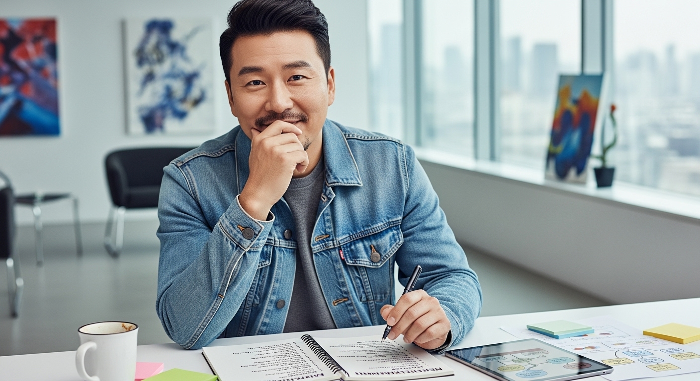 현대 사무실에서 다양한 엔터테인먼트 형식을 위한 아이디어를 구상하는 개그우먼 모습