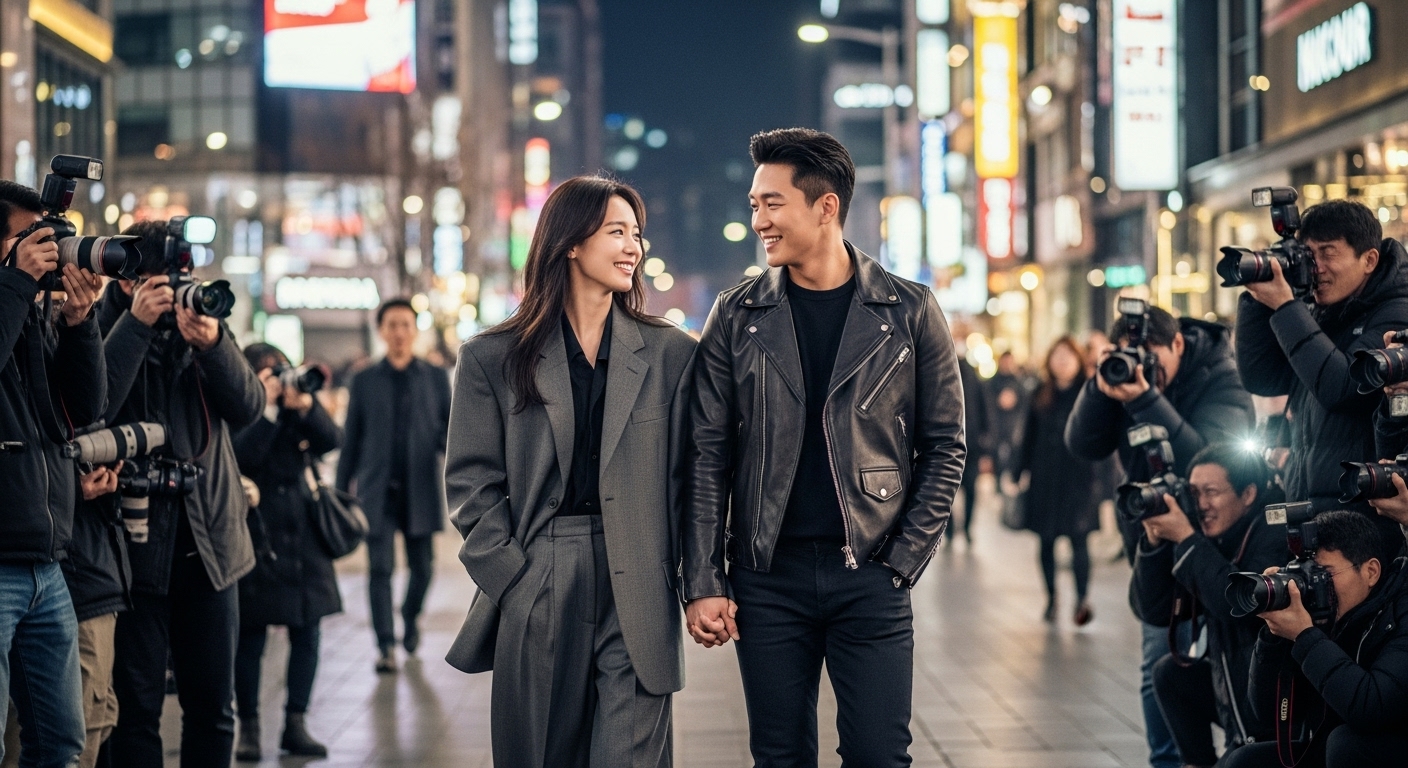 유명한 한국인 커플이 손을 잡고 웃으며 도시 거리에서 걷는 모습