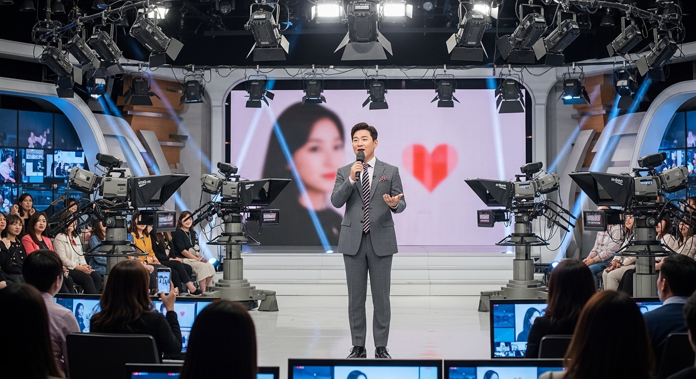 코미디언이 TV 방송 중 연애 사실을 발표하는 장면