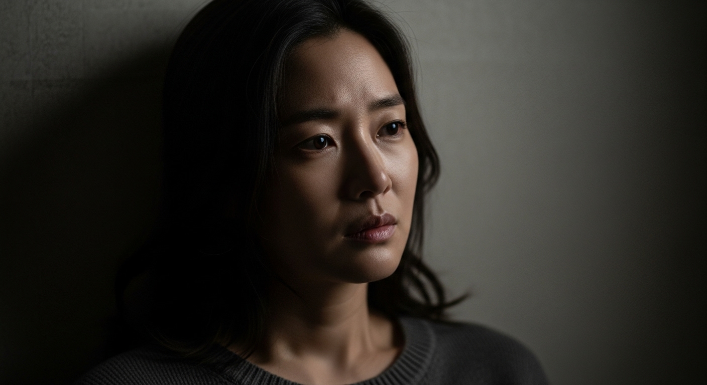 어두운 방에서 복잡한 내면을 가진 캐릭터를 표현하는 한국 여배우