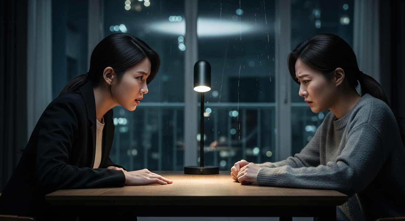 어두운 방에서 두 여성이 긴장감 있게 마주보고 있는 장면