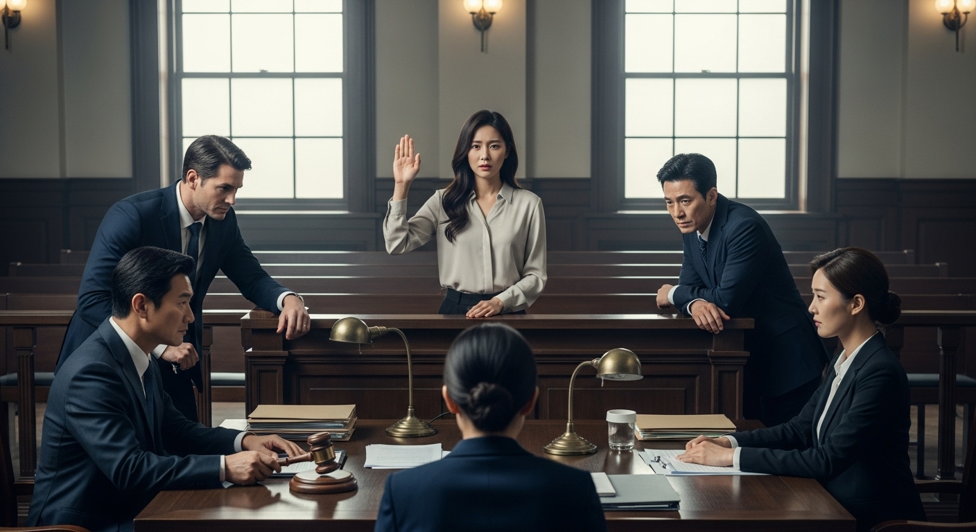 법정에서 증언하는 여성과 주위에 앉아있는 변호사들