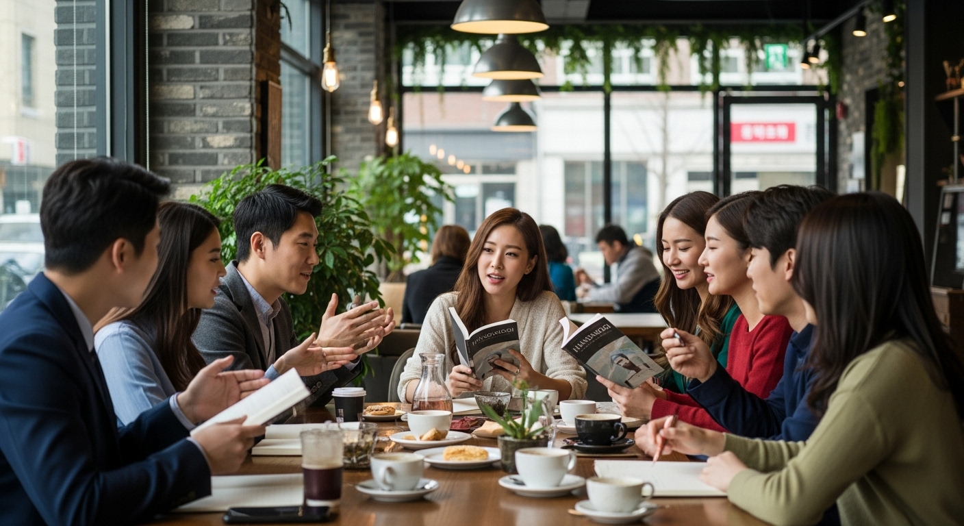 젊은이들이 카페에서 환단고기에 대해 토론하는 활기찬 장면