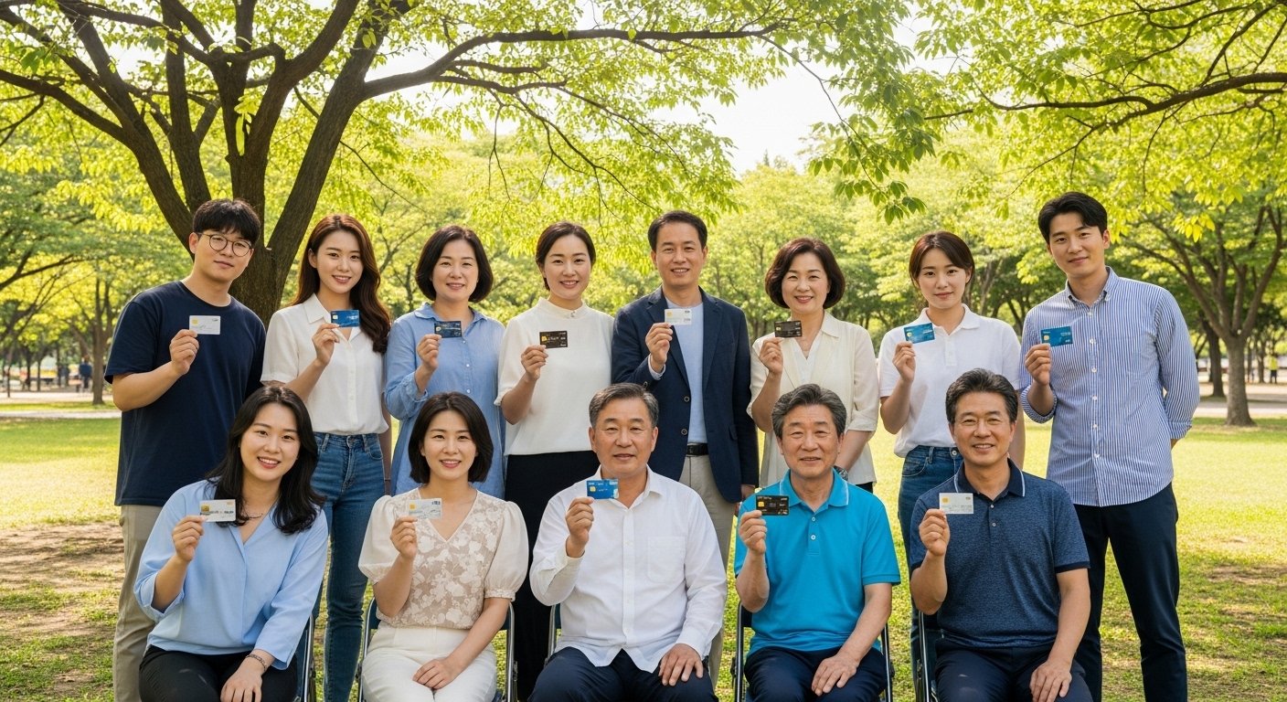 다양한 배경의 사람들이 신용카드를 들고 공원에 모여 있는 모습