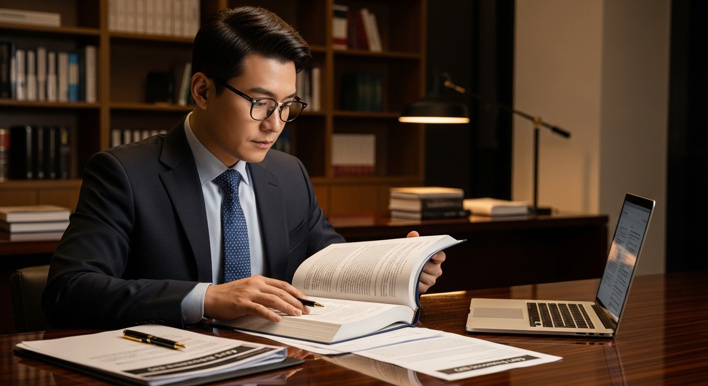 통화 녹음 관련 법률 문서를 검토하는 법률 상담사의 진지한 모습