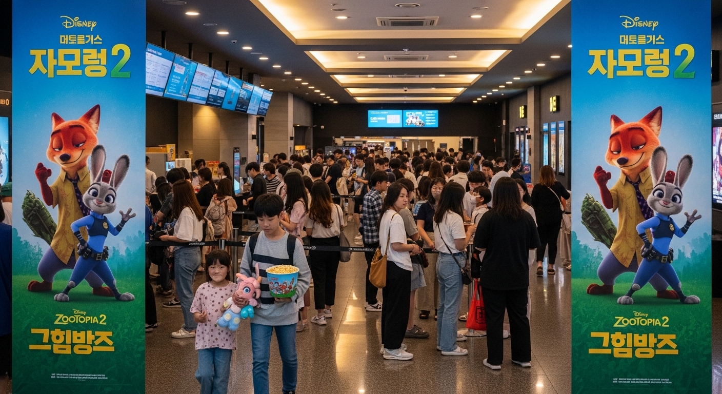한국 영화관 앞에서 다양한 연령층의 관객들이 주토피아2 티켓을 기다리는 모습