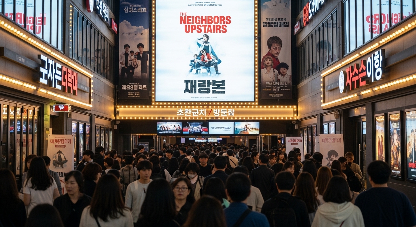 극장 입구에서 다양한 관객들이 '윗집 사람들' 포스터 앞에서 기대에 찬 모습
