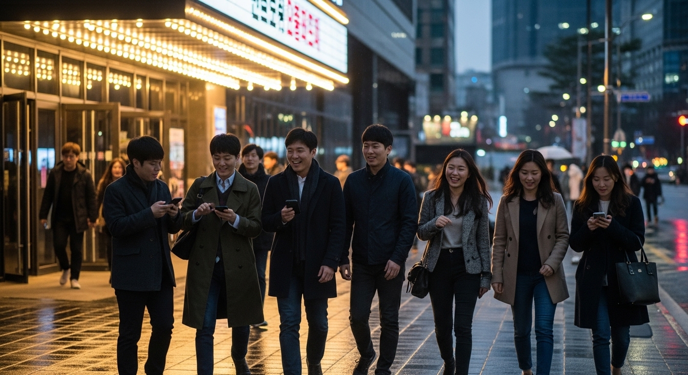 영화를 보고 나온 관객들이 유머와 스토리를 열심히 논의하는 모습