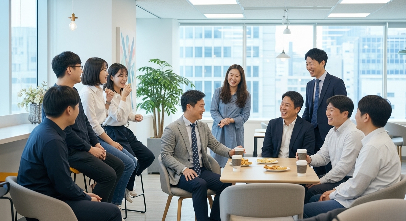 직장 휴게실에서 다양한 연령대의 사람들이 가벼운 농담을 주고받는 장면