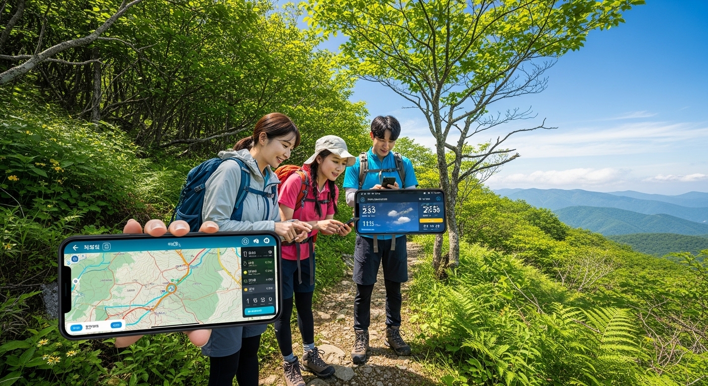 현대적인 한국인 등산객들이 스마트폰으로 실시간 산악 상태를 확인하는 모습