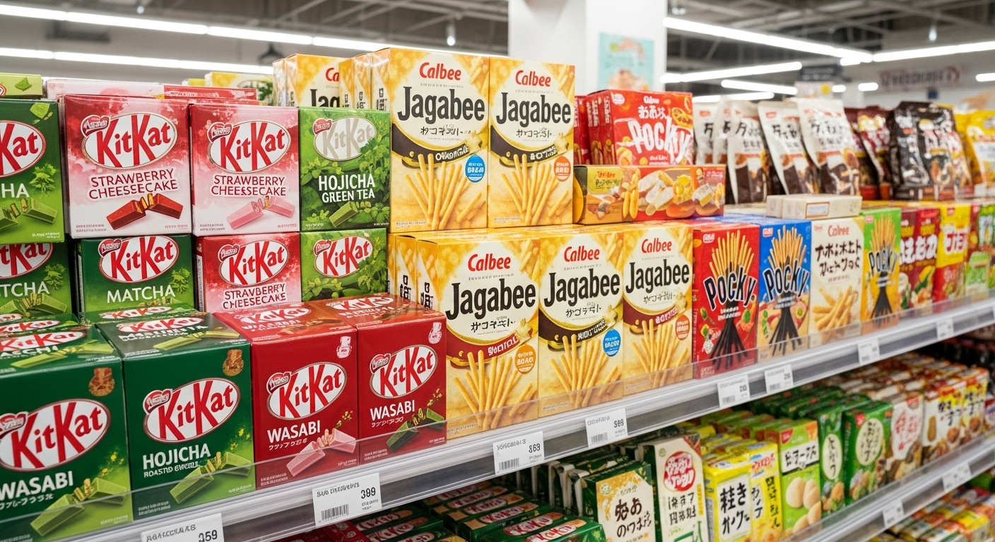 독특한 킷캣 맛과 칼비 쟈가비 등 다양한 일본 간식들이 진열된 선반