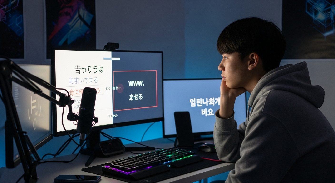 현대 한국 청소년이 컴퓨터 화면을 바라보며 인터넷 속어에 대해 생각하는 모습