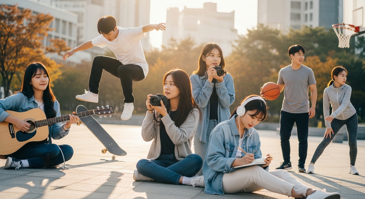 음악과 스포츠 같은 다양한 취미 활동에 열정적으로 몰두하는 한국 젊은이들 그룹