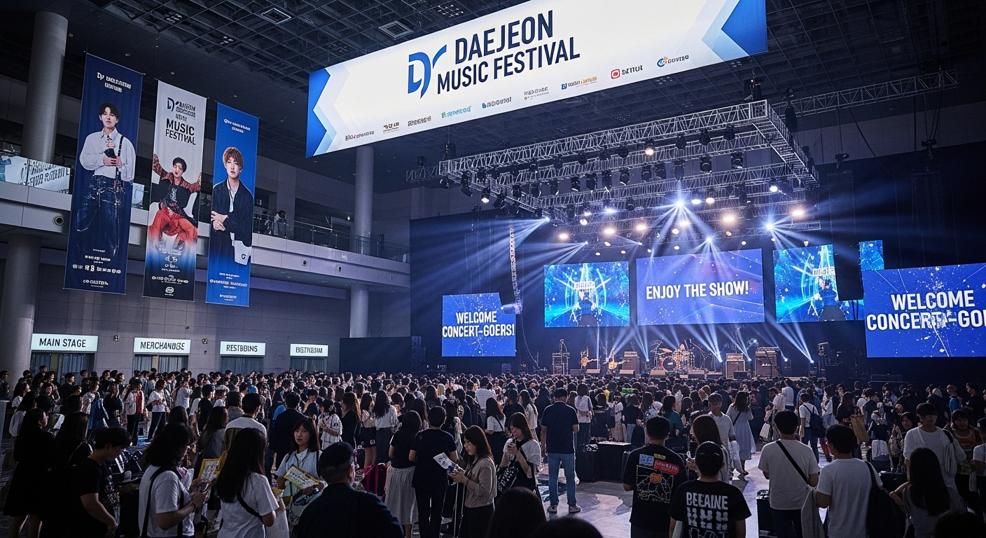 대전컨벤션센터에서 팬들이 입장하는 가운데 콘서트를 위한 배너와 안내 표지가 설치된 모습